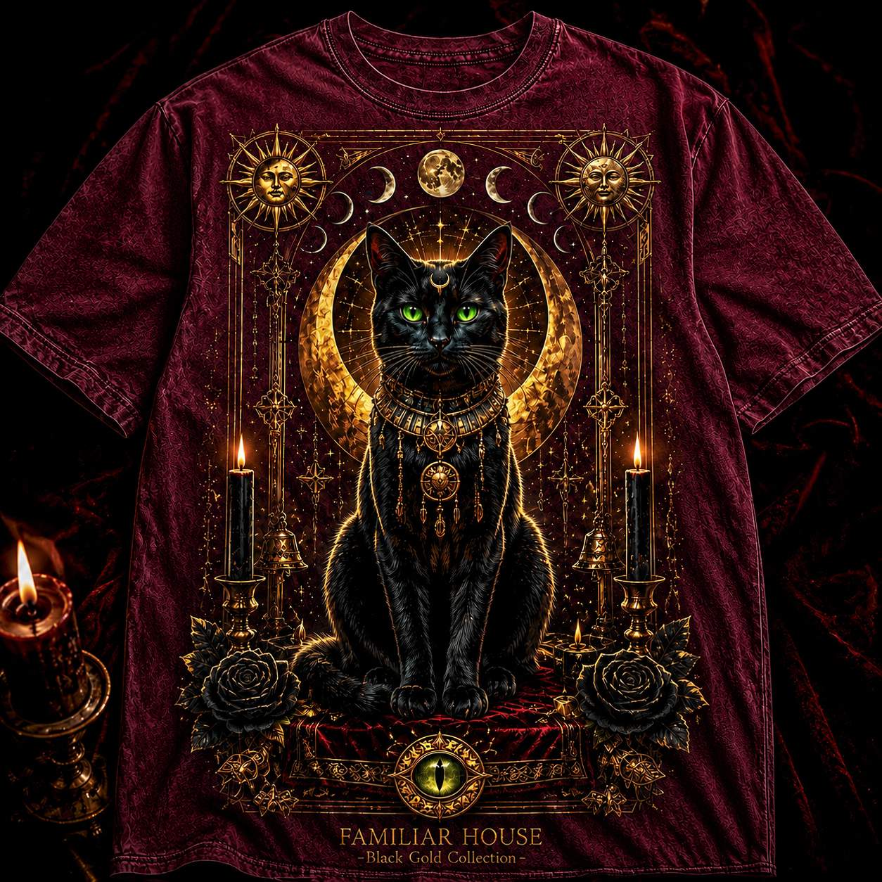 Familiar House Black Gold Occult Cat Graphic T-Shirt