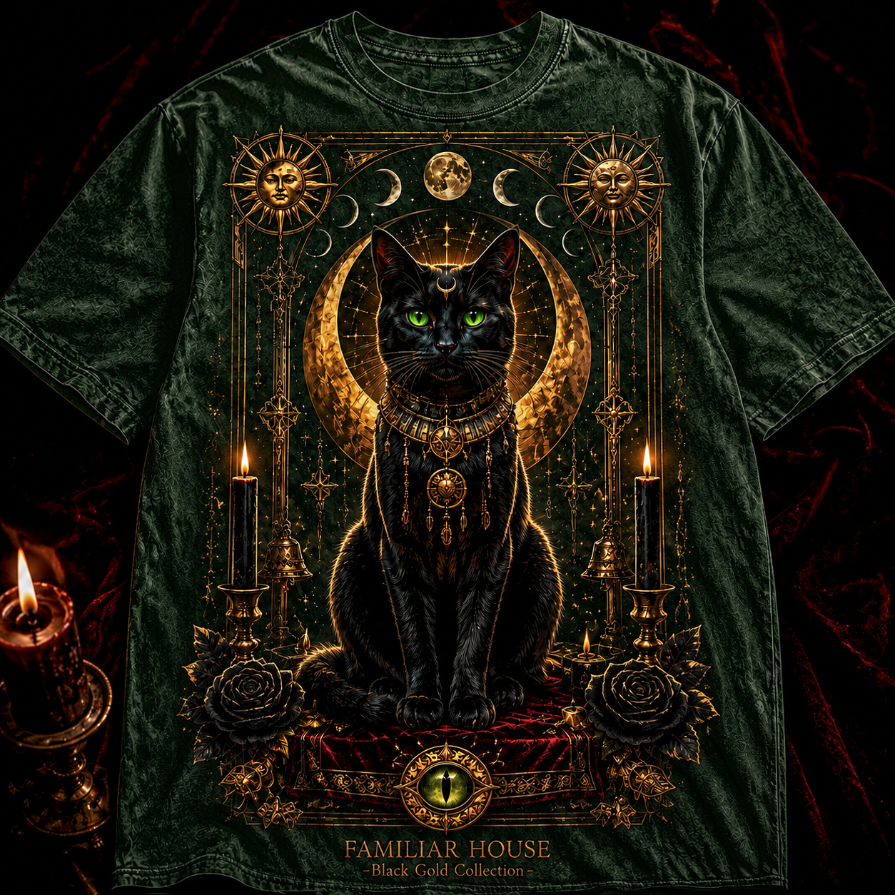 Familiar House Black Gold Occult Cat Graphic T-Shirt