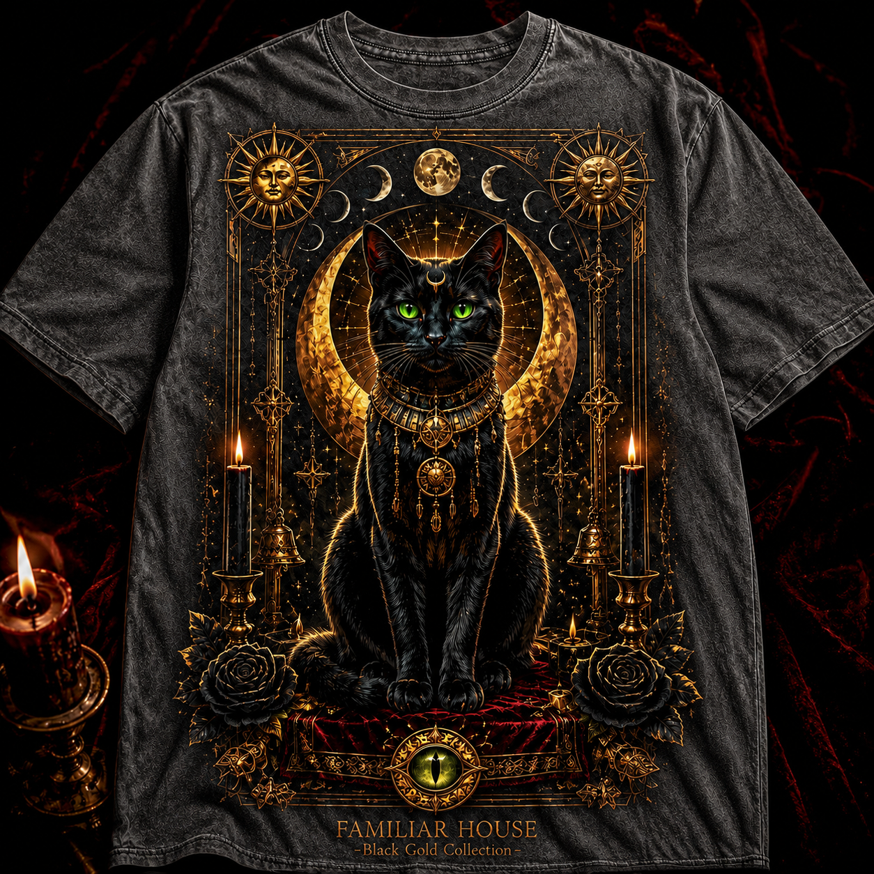 Familiar House Black Gold Occult Cat Graphic T-Shirt