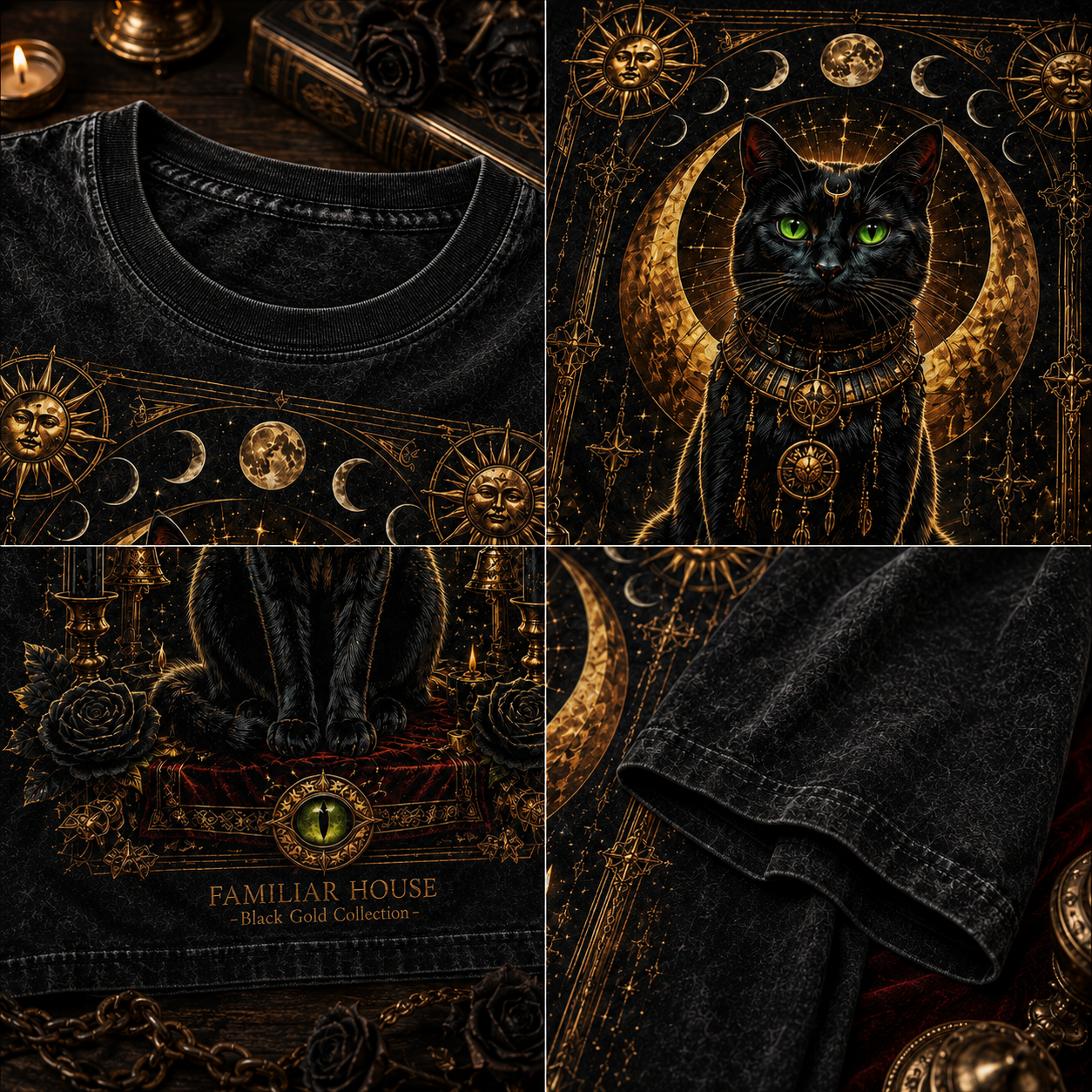 Familiar House Black Gold Occult Cat Graphic T-Shirt