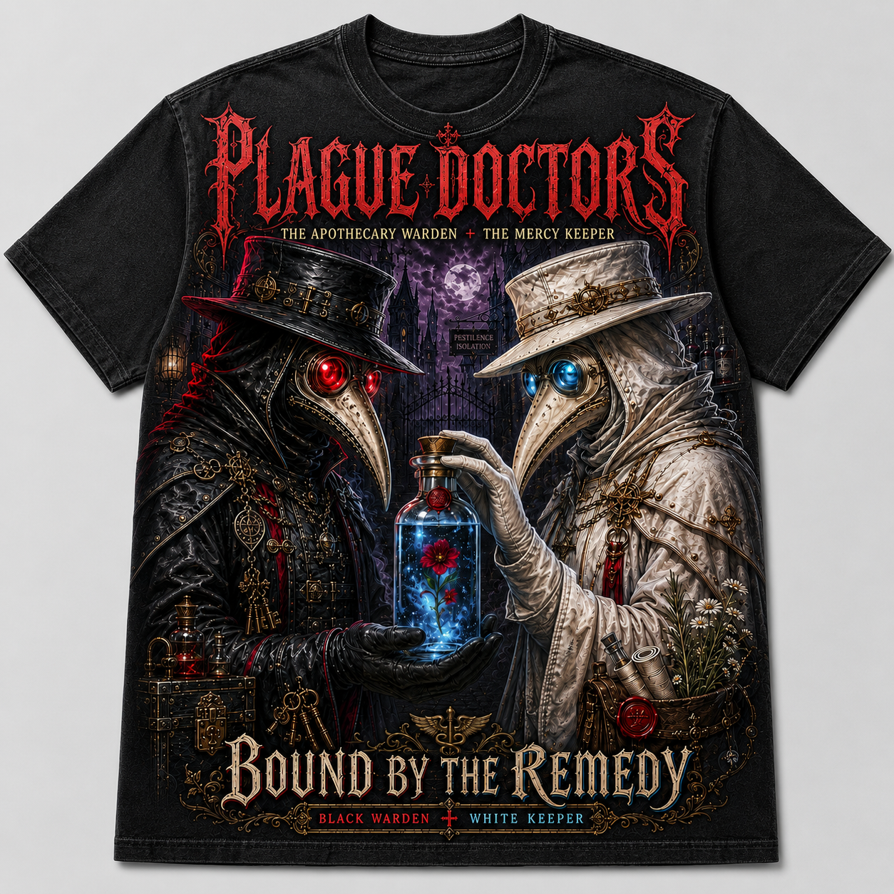 Plague Doctors Bound By The Remedy — Gothic Apothecary Graphic T-Shirt