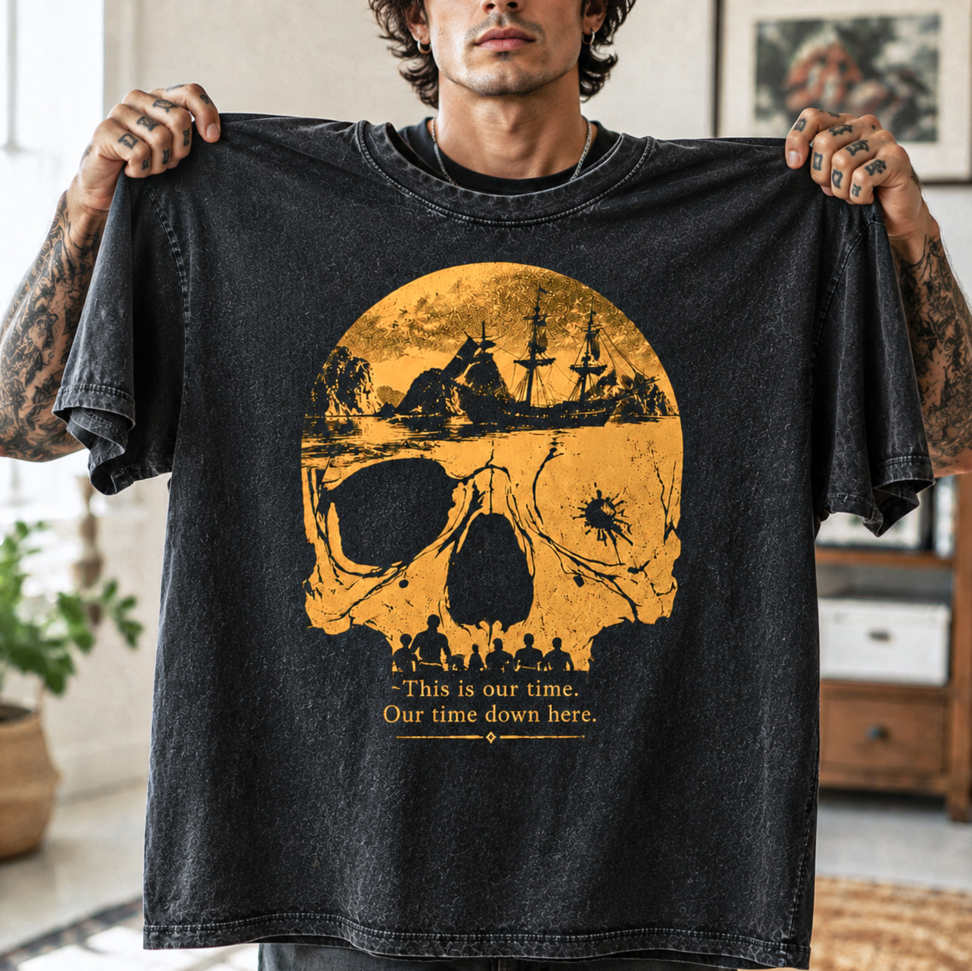 Vintage Skull Pirate Graphic Washed T-Shirt for Men