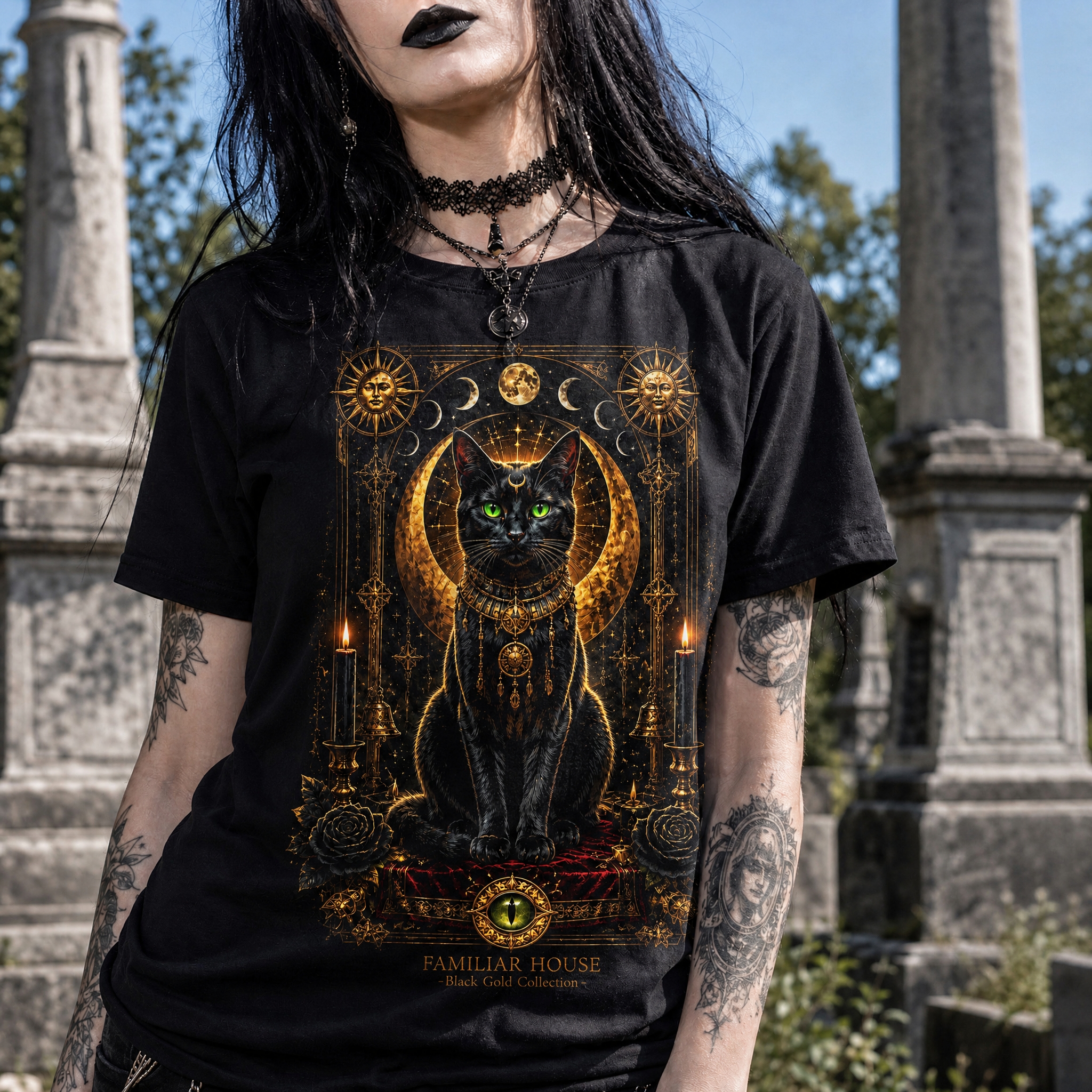 Familiar House Black Gold Occult Cat Graphic T-Shirt
