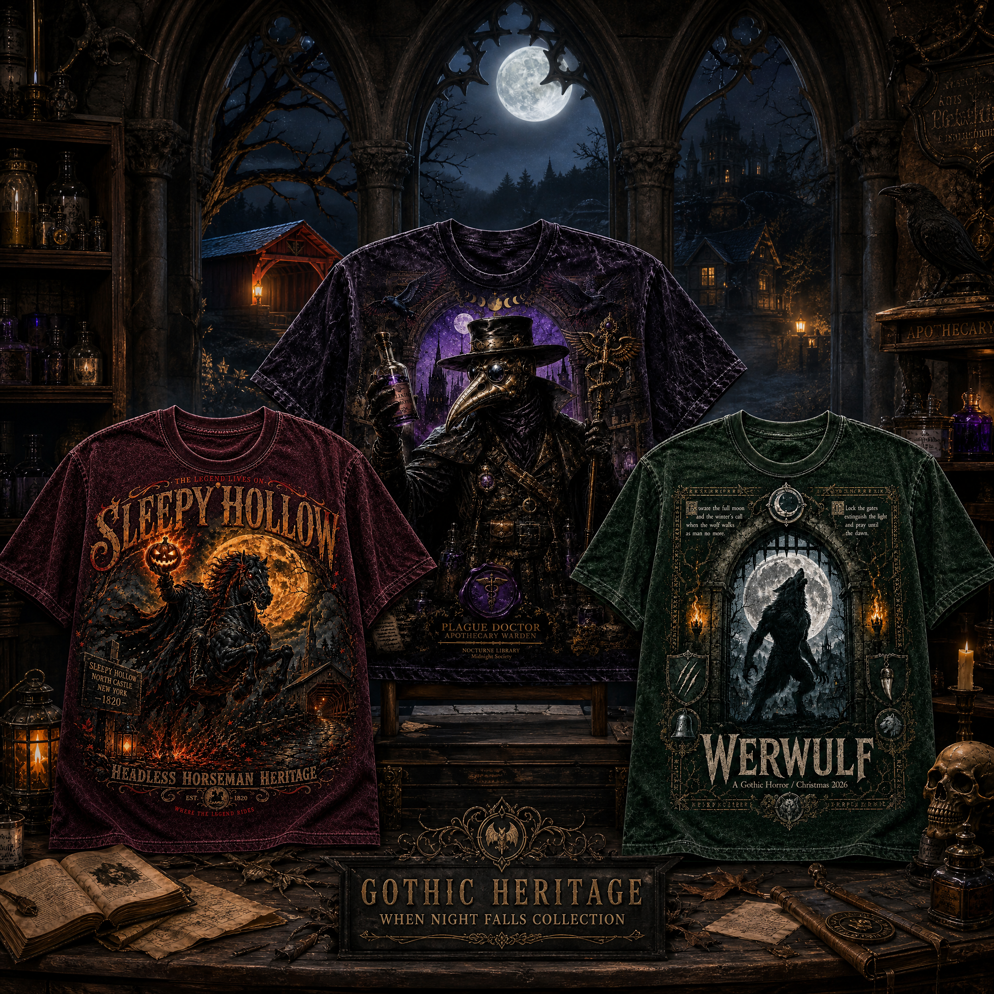 Gothic Horror Graphic Tee Collection — Plague Doctor, Werewolf & Headless Horseman
