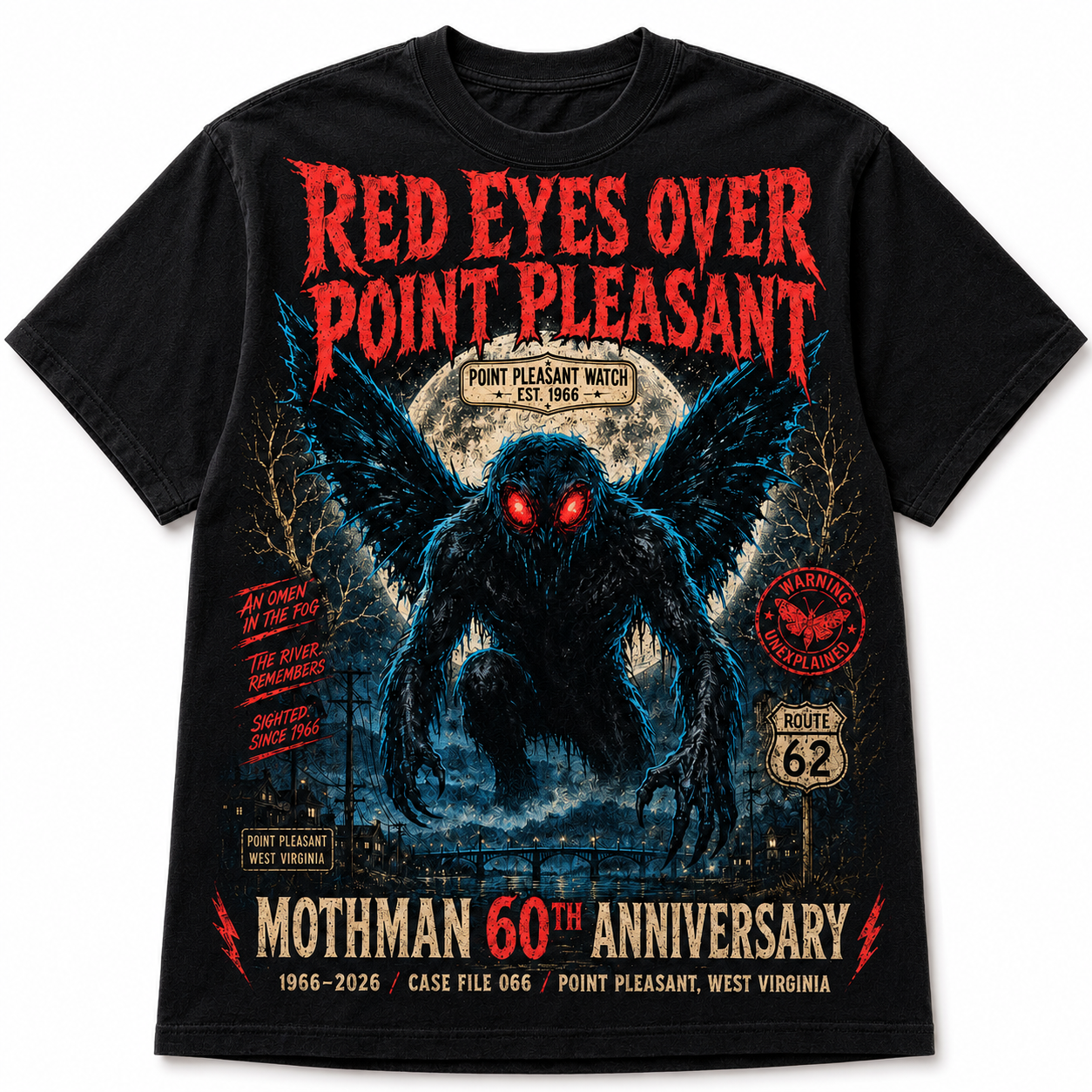 Red Eyes Over Point Pleasant — Mothman 60th Anniversary Vintage T-Shirt