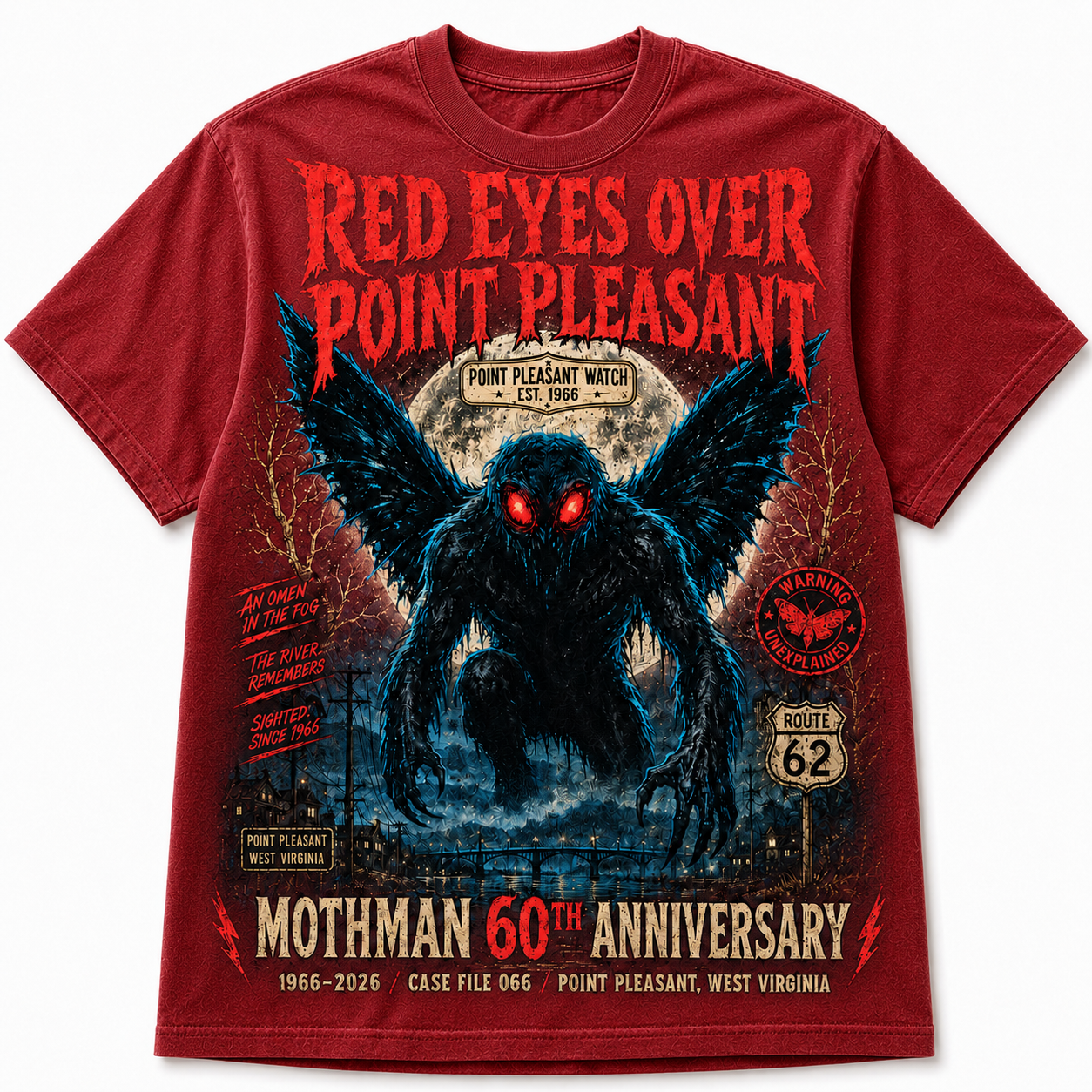 Red Eyes Over Point Pleasant — Mothman 60th Anniversary Vintage T-Shirt