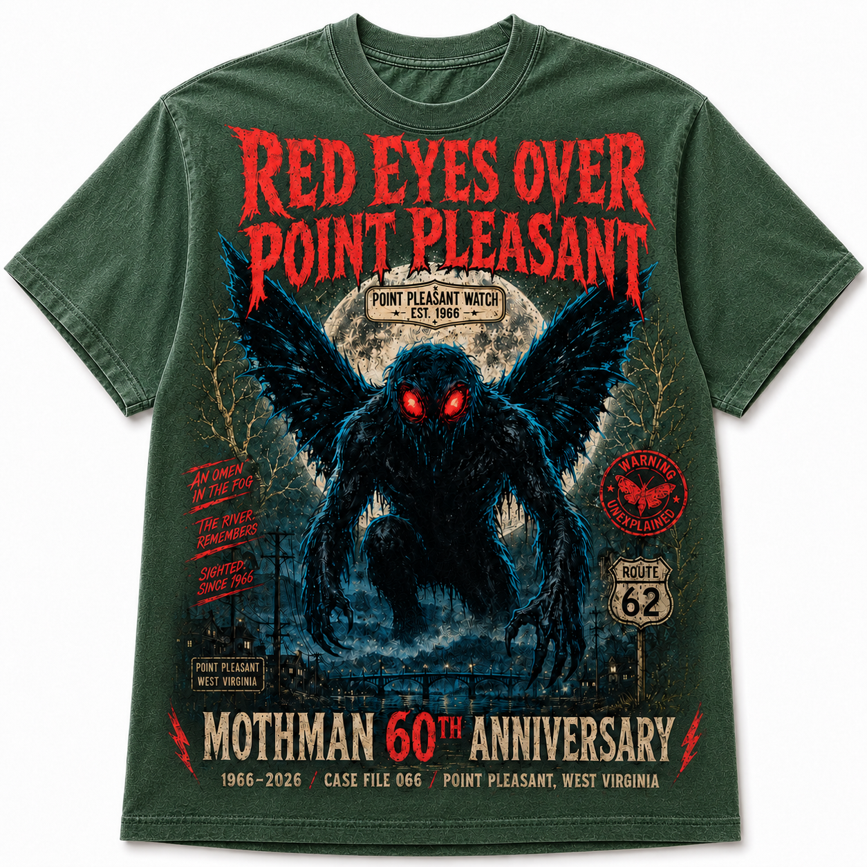 Red Eyes Over Point Pleasant — Mothman 60th Anniversary Vintage T-Shirt