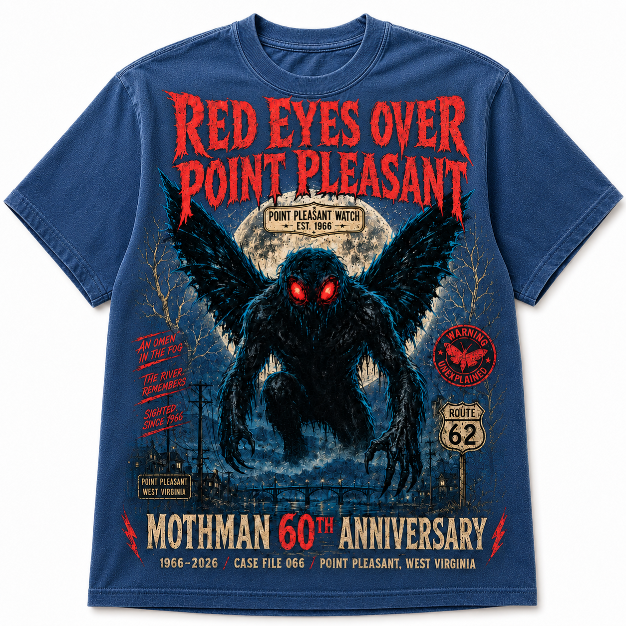 Red Eyes Over Point Pleasant — Mothman 60th Anniversary Vintage T-Shirt