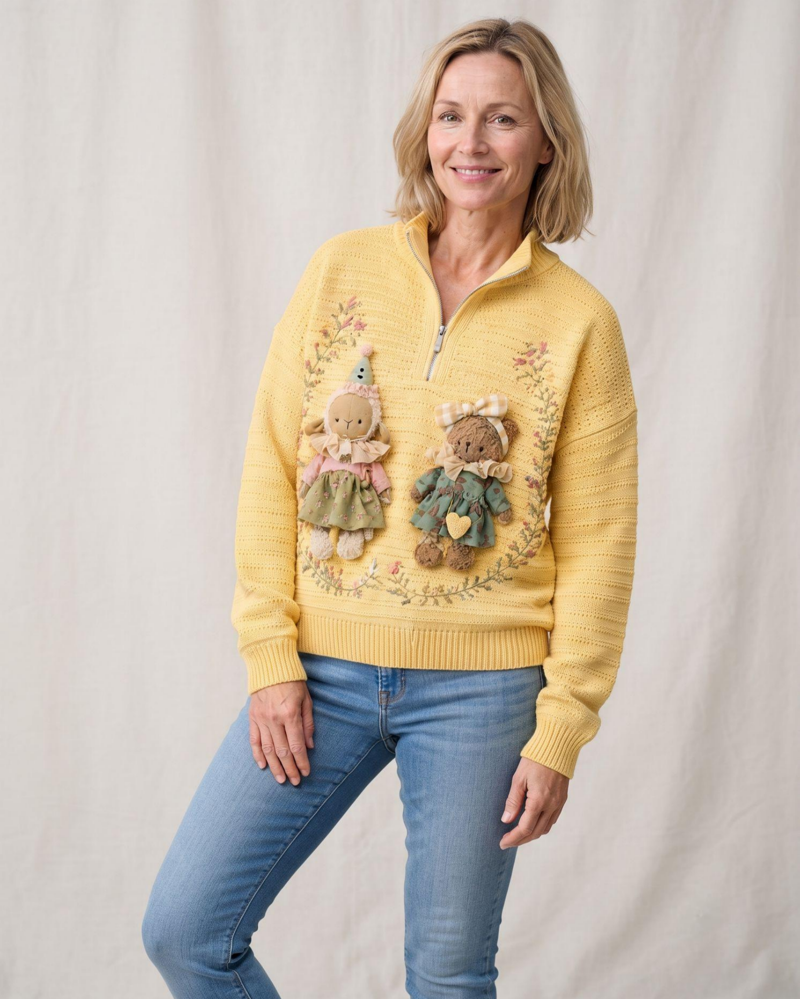 3D Doll Embroidered Half Zip Sweater
