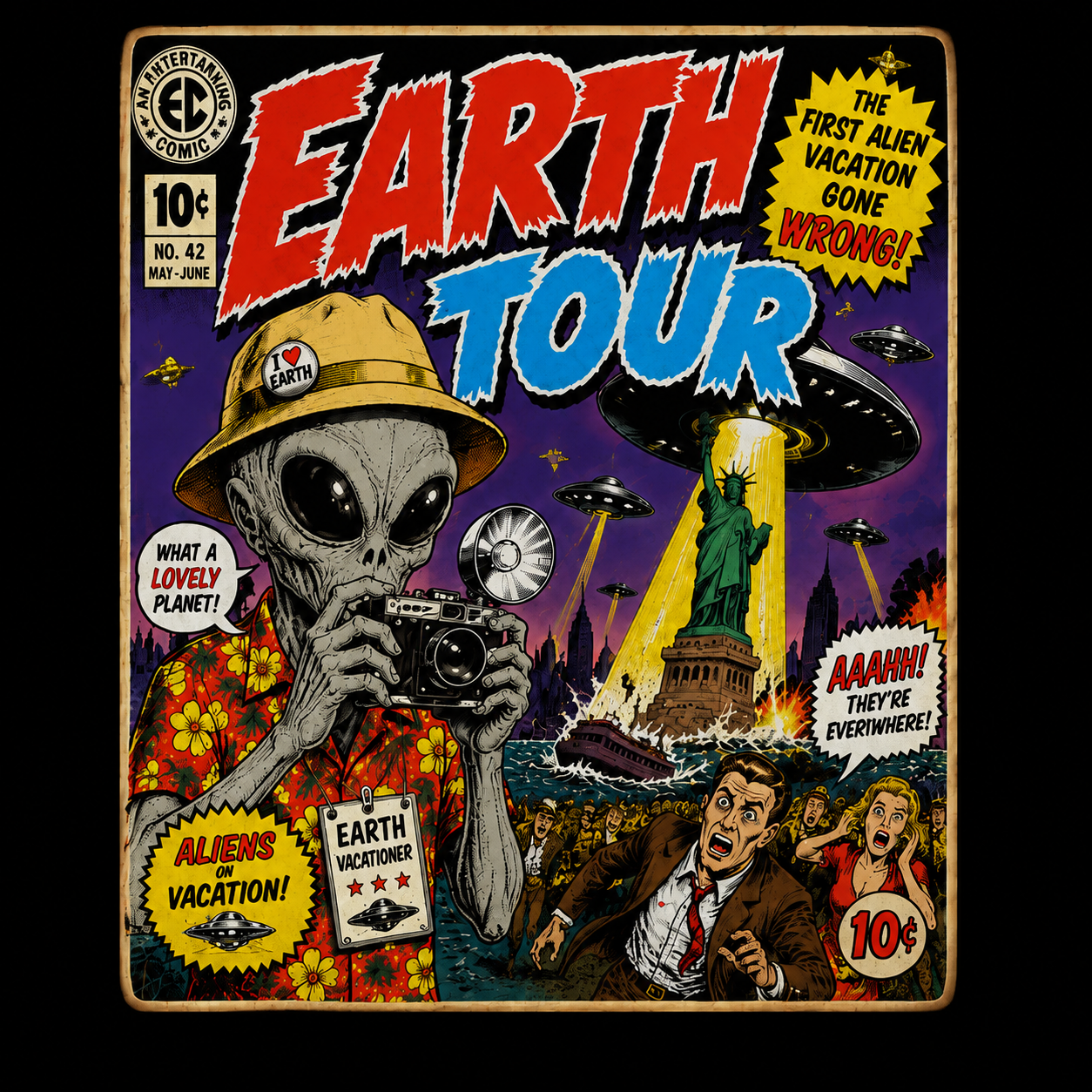 Earth Tour Alien Vacation Vintage Comic Graphic Tee