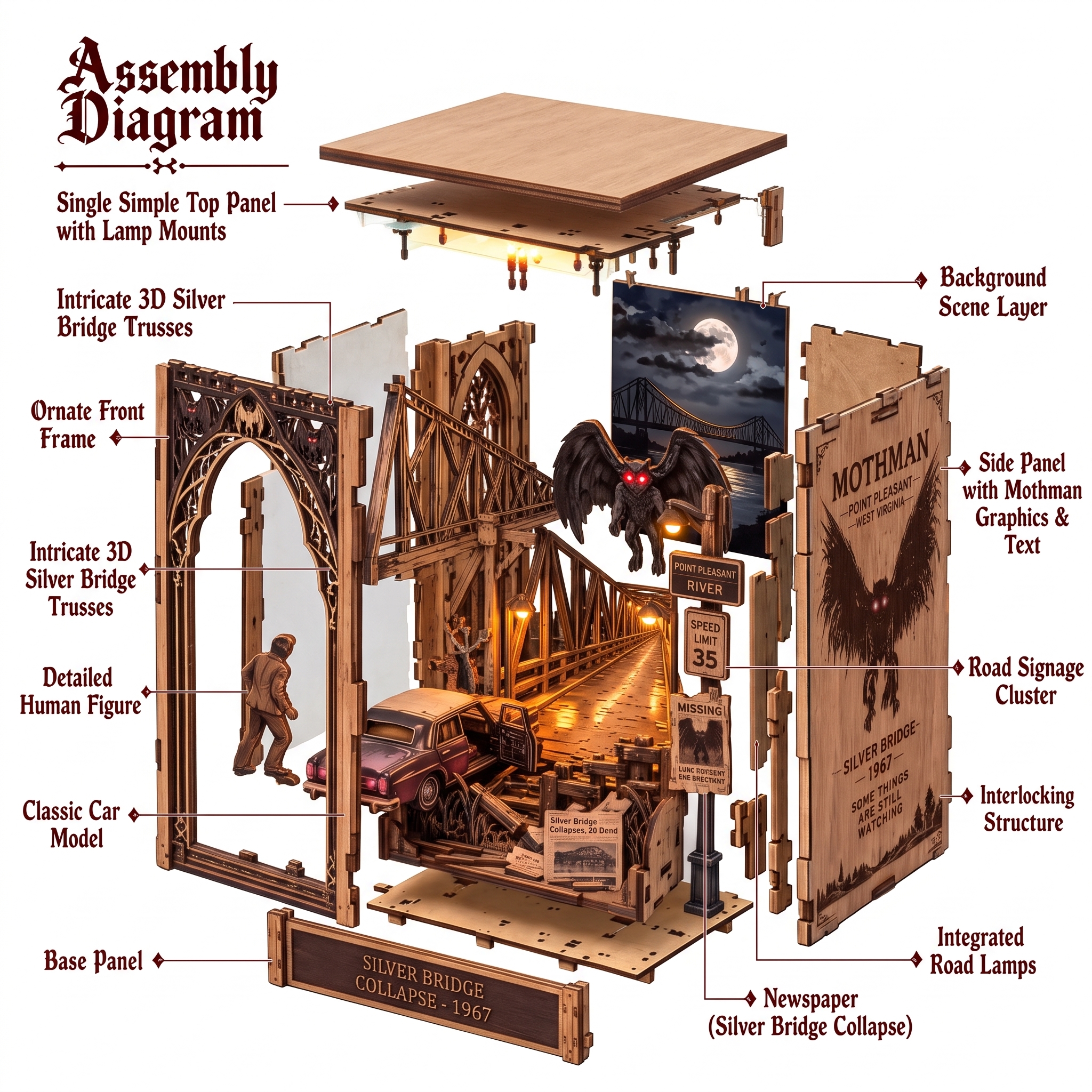 Mothman Silver Bridge DIY Wooden Book Nook Kit