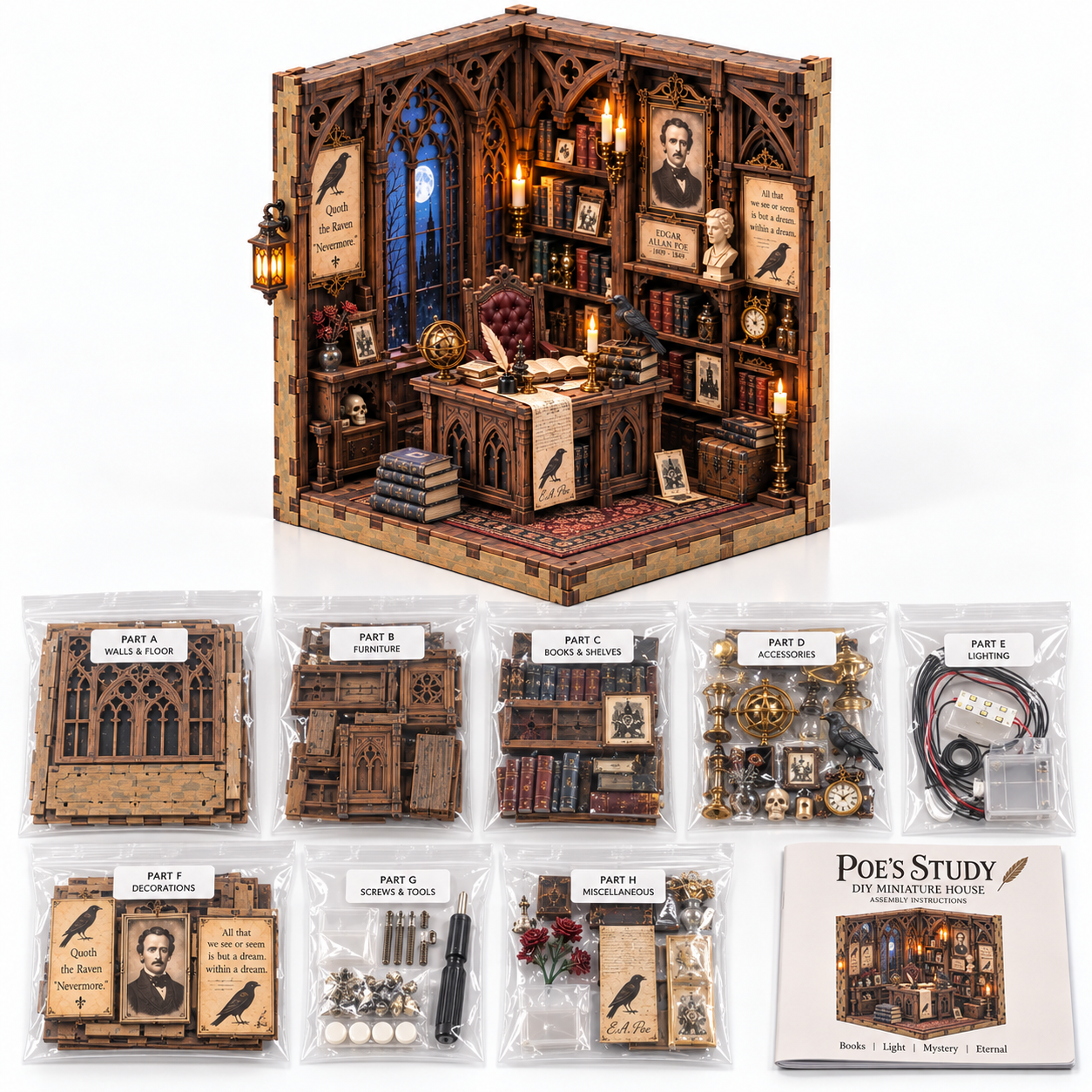 Edgar Allan Poe Gothic Study DIY Wooden Diorama Kit