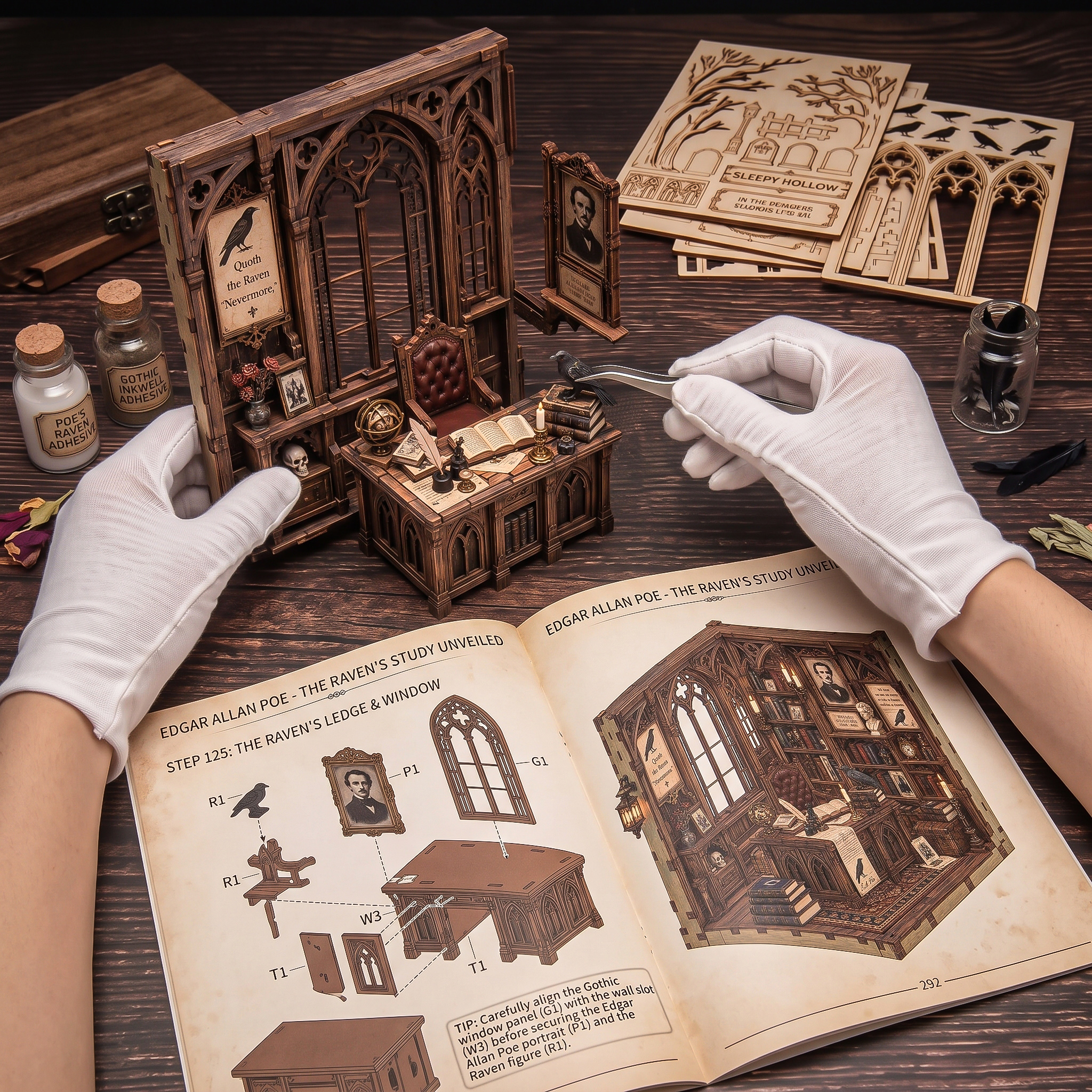 Edgar Allan Poe Gothic Study DIY Wooden Diorama Kit