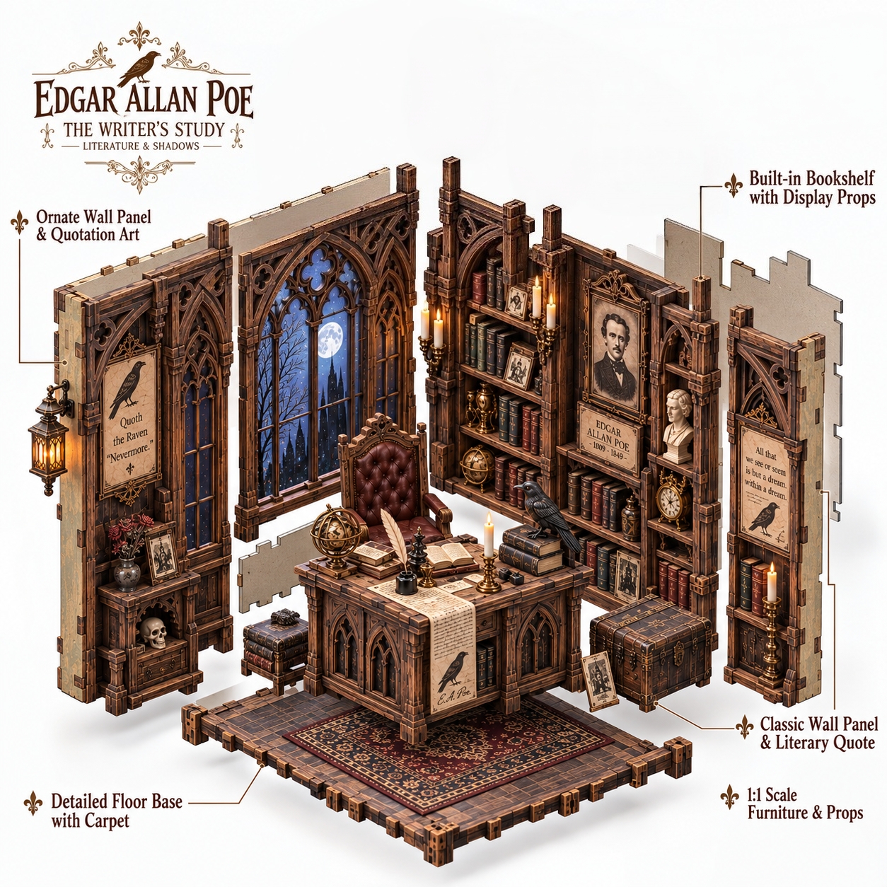 Edgar Allan Poe Gothic Study DIY Wooden Diorama Kit