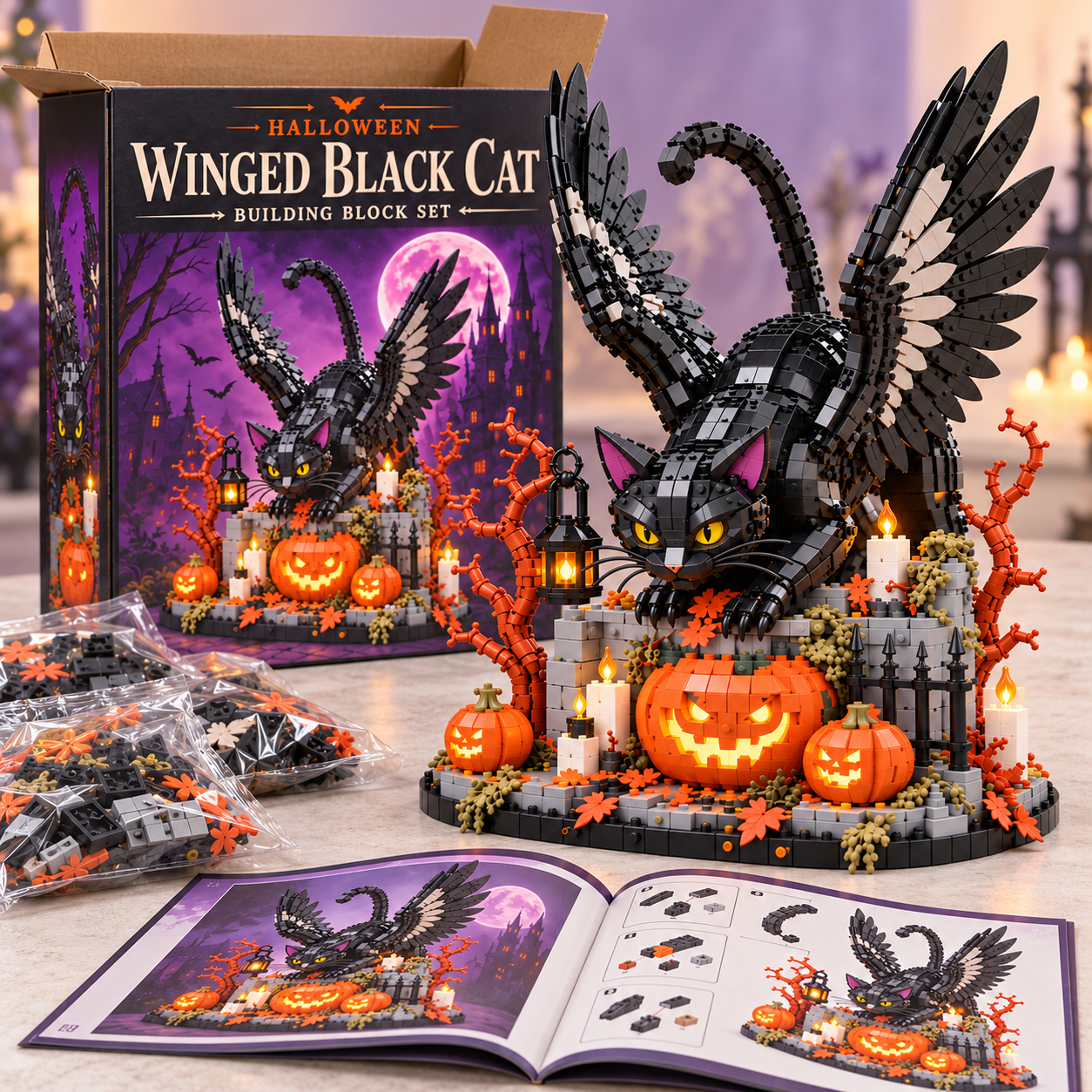 Halloween Winged Black Cat Building Block Set
