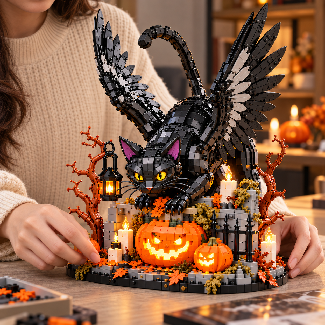Halloween Winged Black Cat Building Block Set