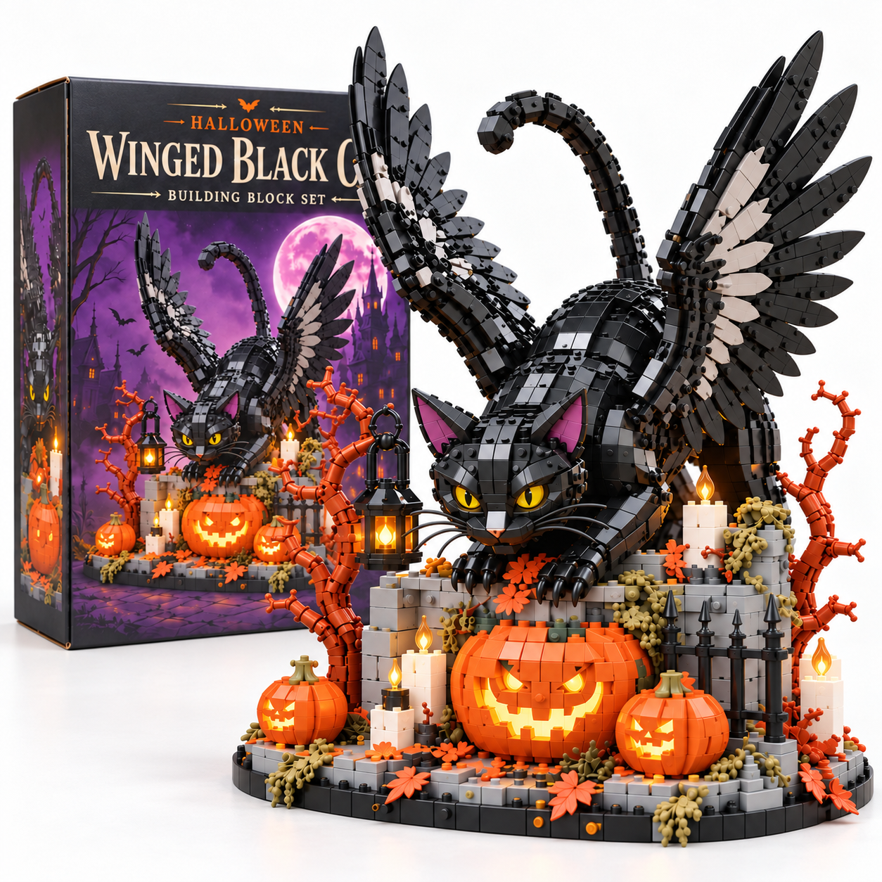 Halloween Winged Black Cat Building Block Set