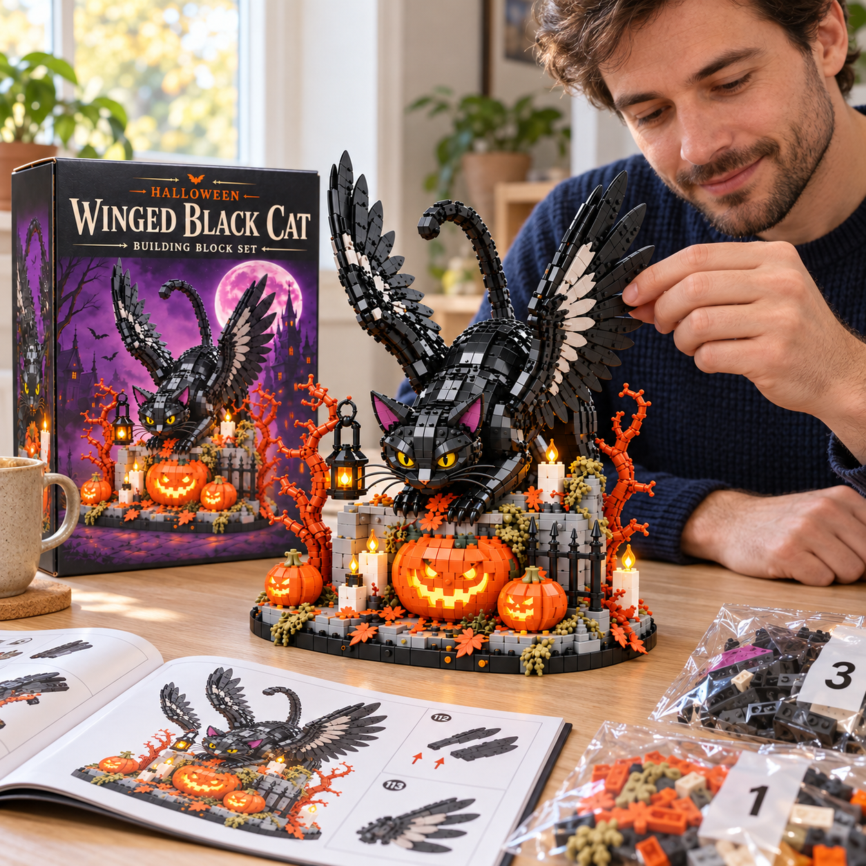 Halloween Winged Black Cat Building Block Set