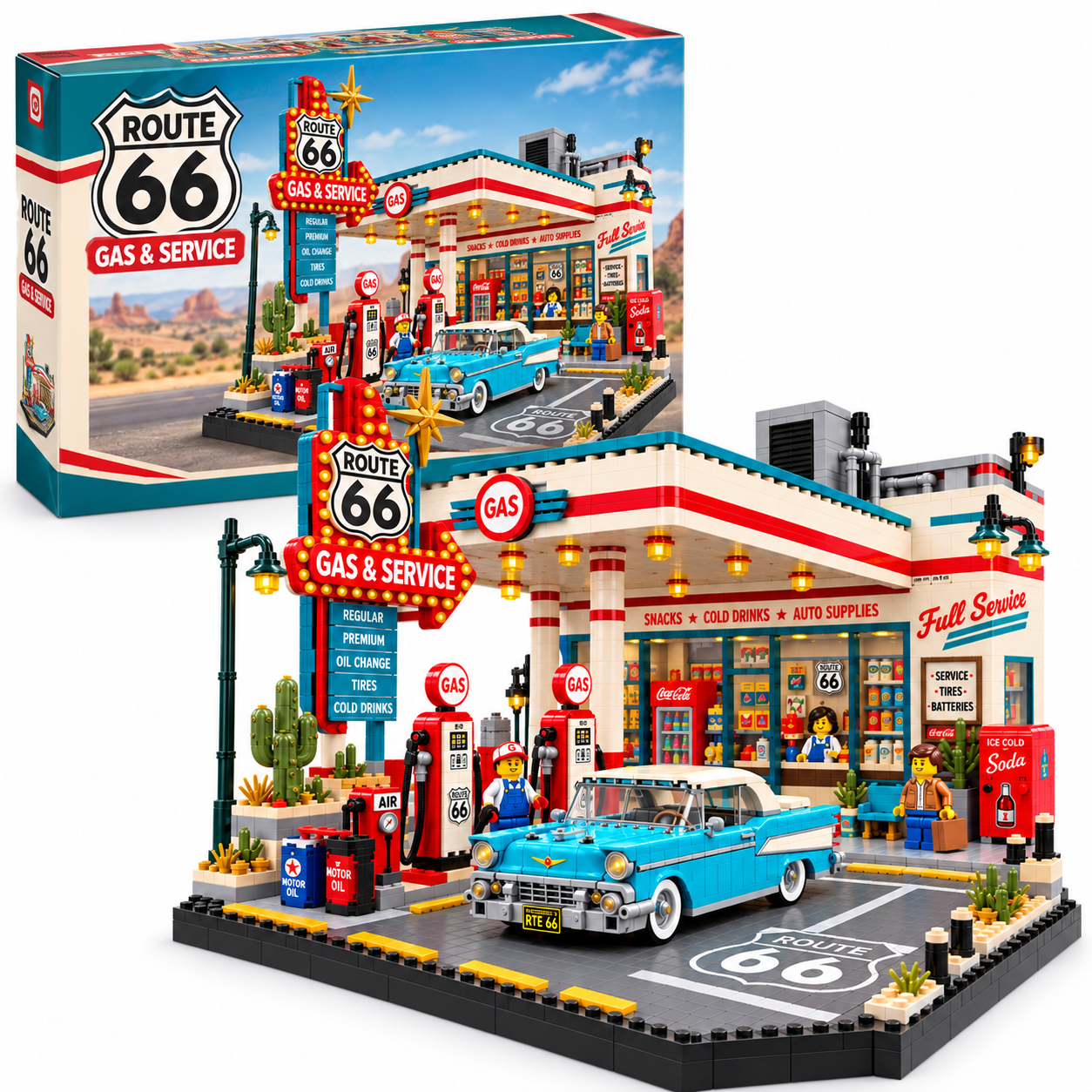 Route 66 Vintage Gas Station Building Block Set