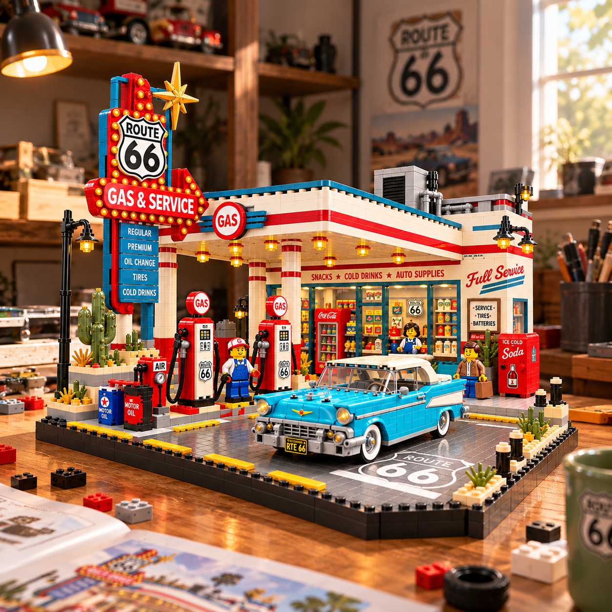 Route 66 Vintage Gas Station Building Block Set