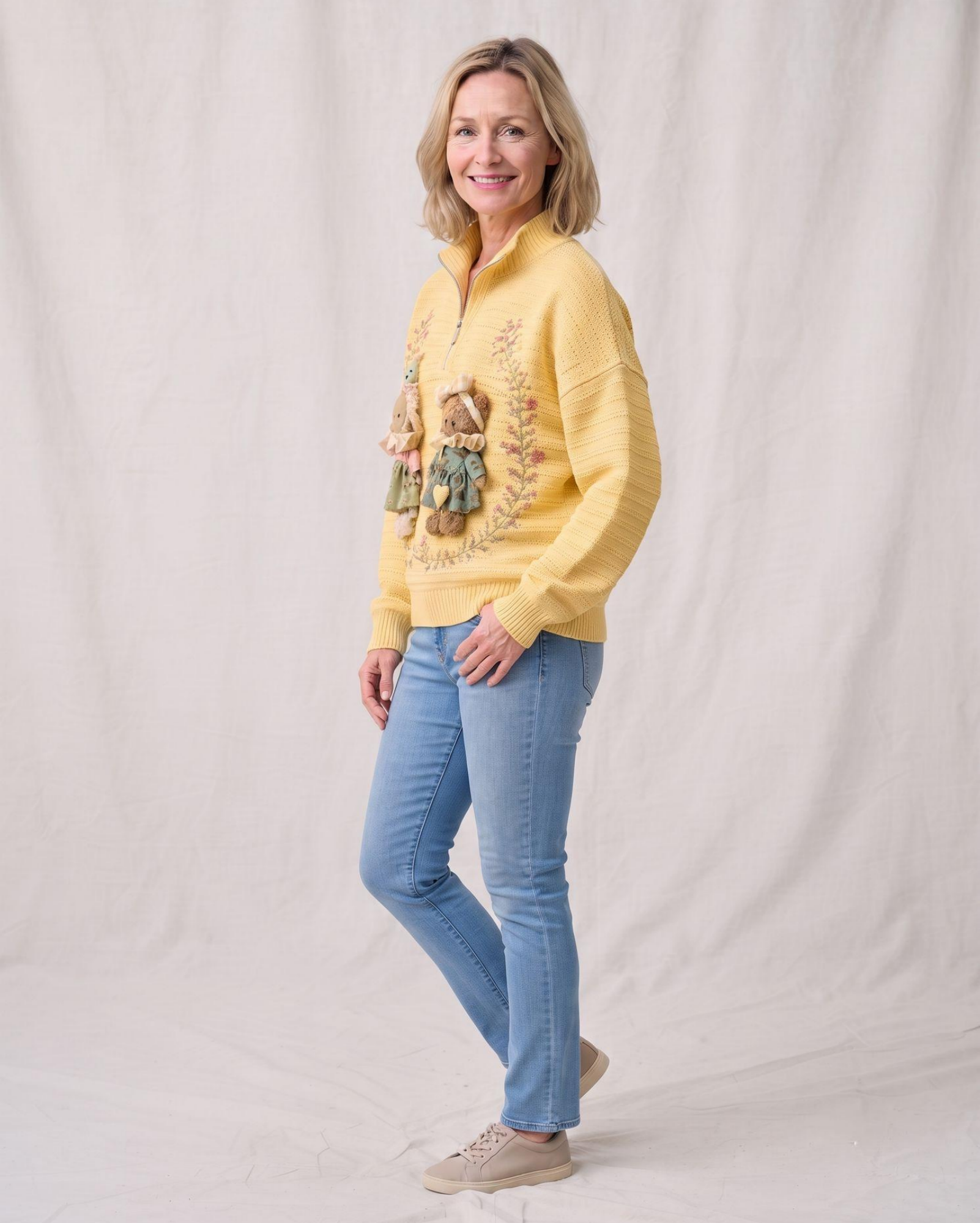3D Doll Embroidered Half Zip Sweater