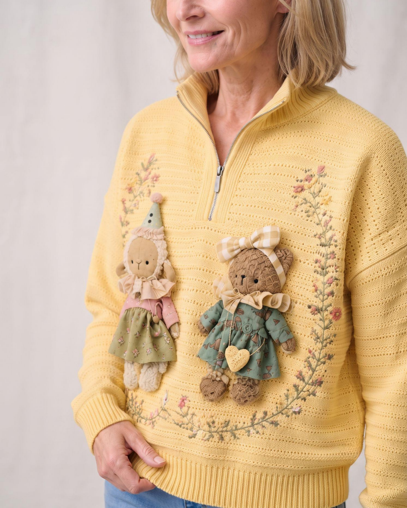 3D Doll Embroidered Half Zip Sweater