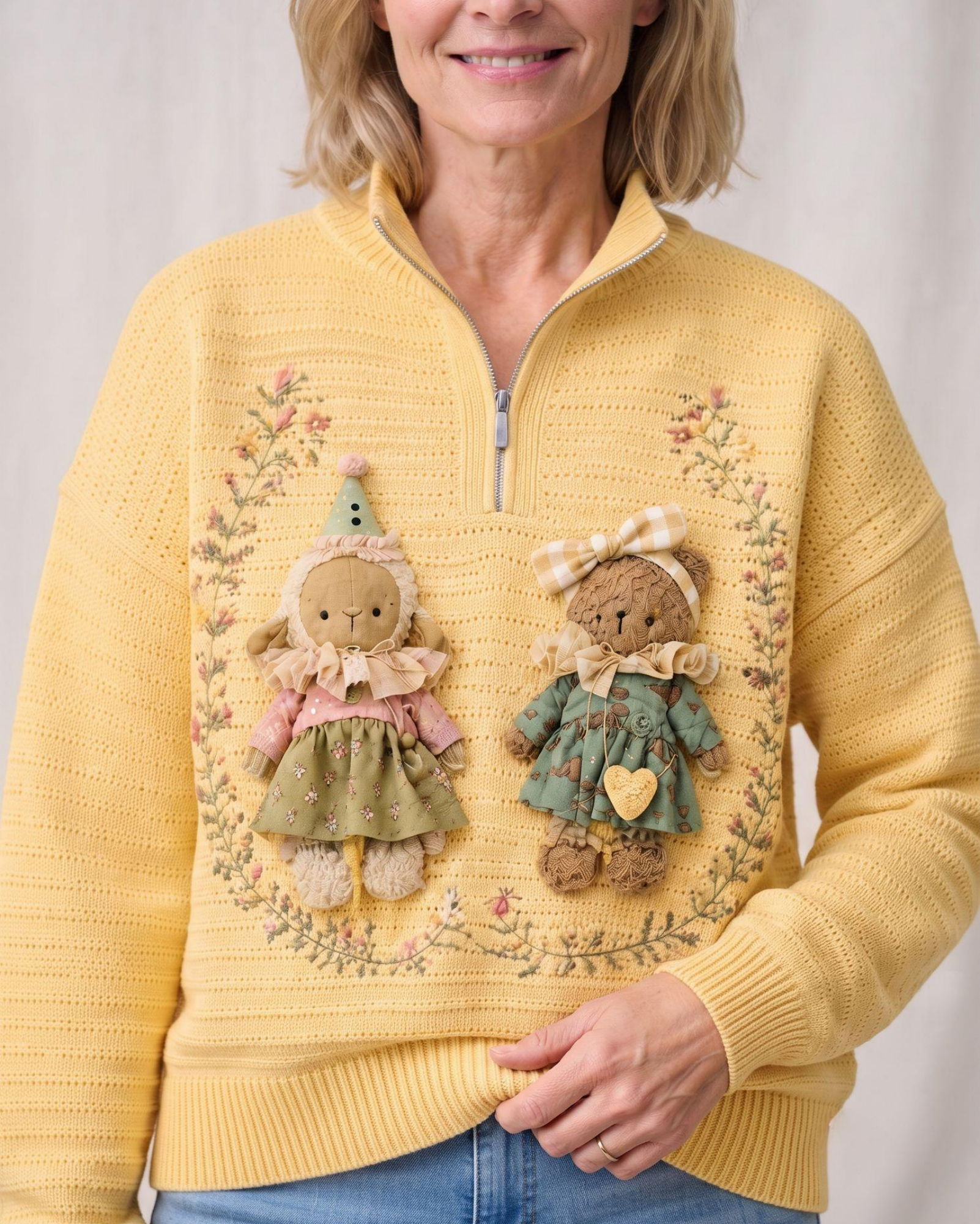 3D Doll Embroidered Half Zip Sweater