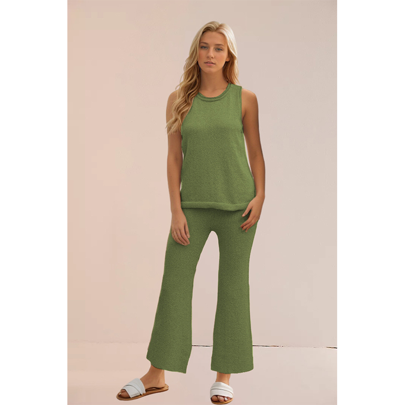 Summer new solid color knitted casual suit simple European and American style vest pullover two-piece set for women