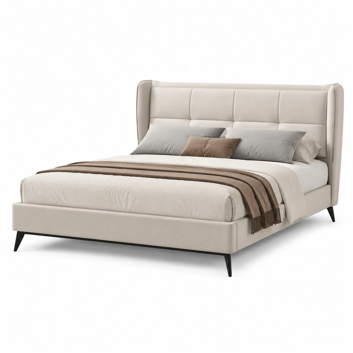 Letto matrimoniale in tessuto beige con testiera imbottita