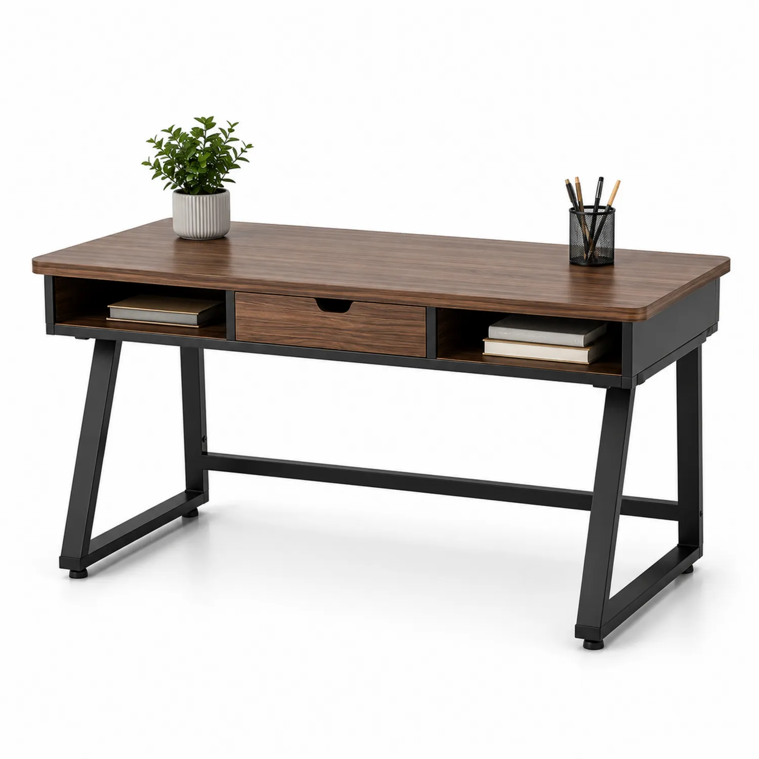 Scrivania in Legno MDF e Acciaio con Cassetto e Ripiani