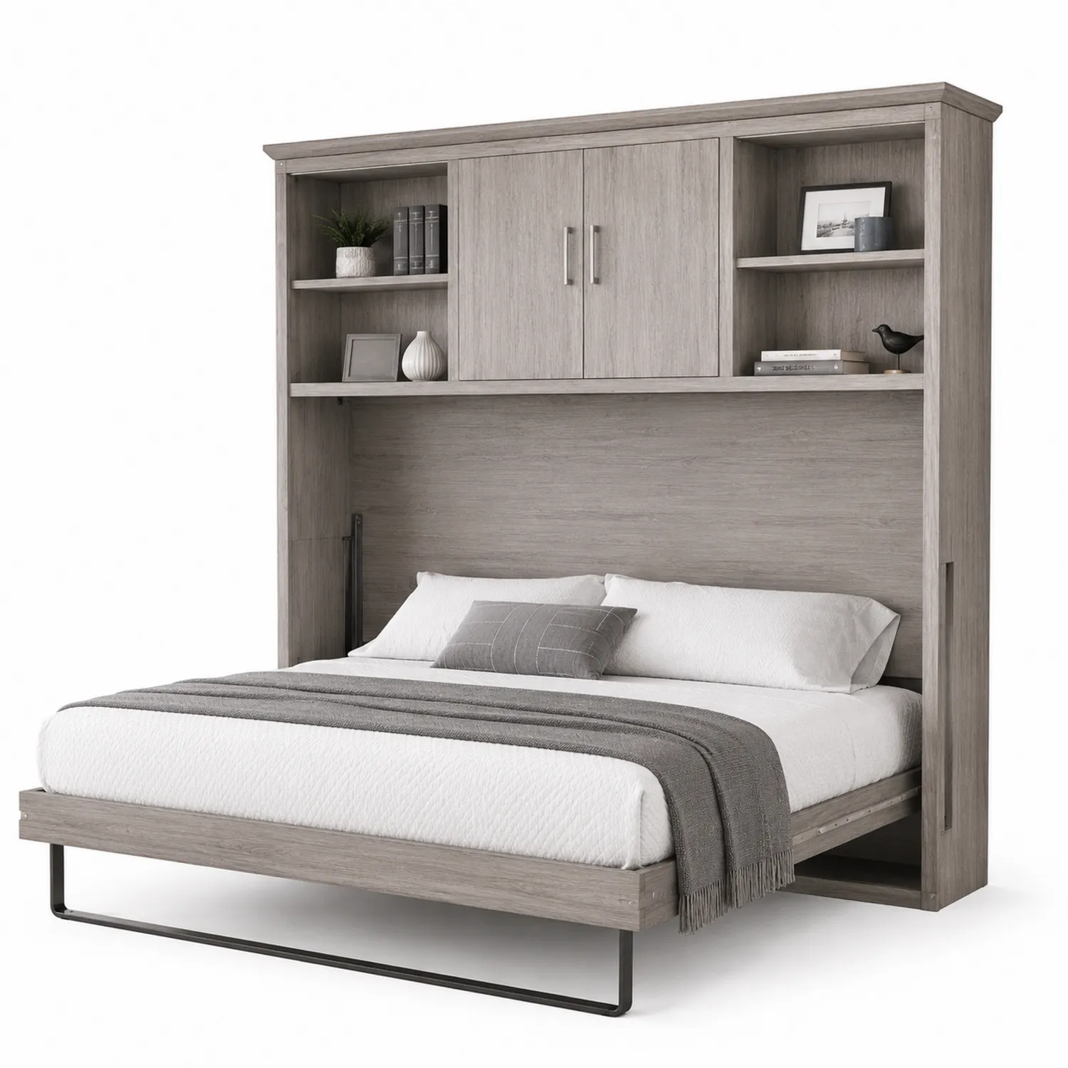 Letto a scomparsa matrimoniale con libreria in legno grigio