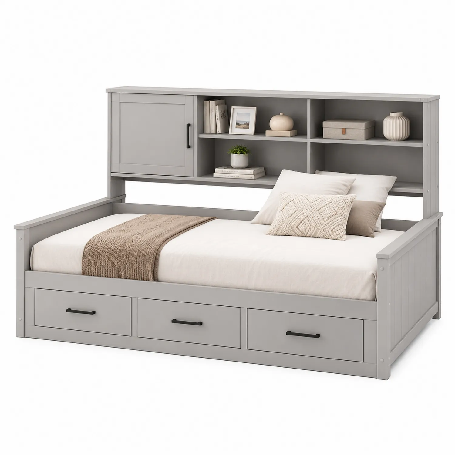 Letto Divano in Legno MDF Grigio con Mensole e Cassetti