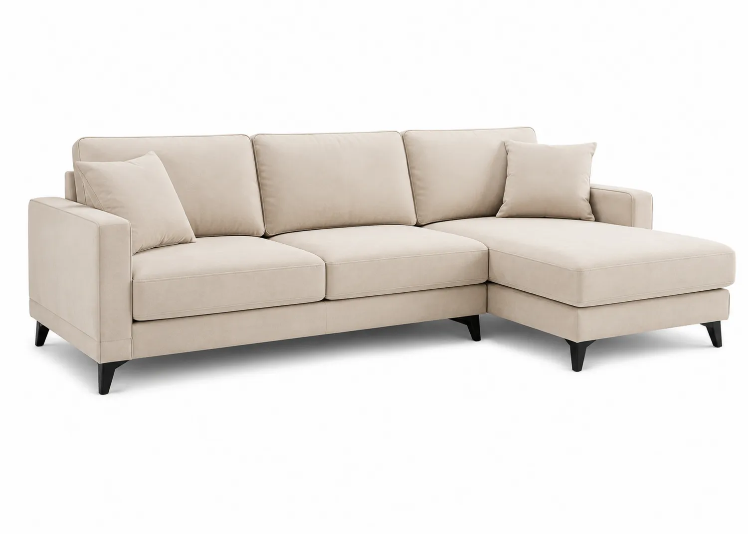 Divano componibile in tessuto beige con chaise longue e cuscini