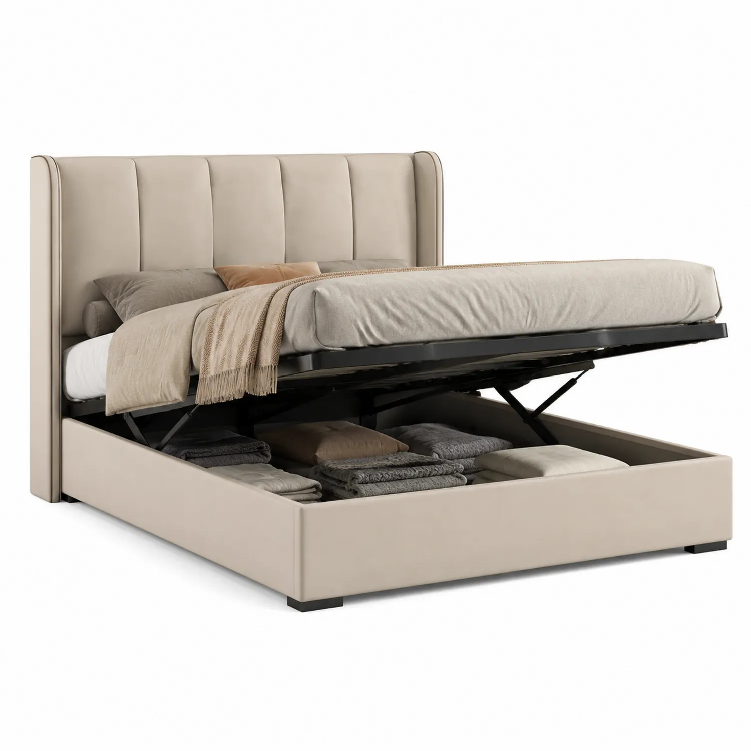 Letto contenitore matrimoniale in similpelle beige con testiera imbottita 160x200 cm