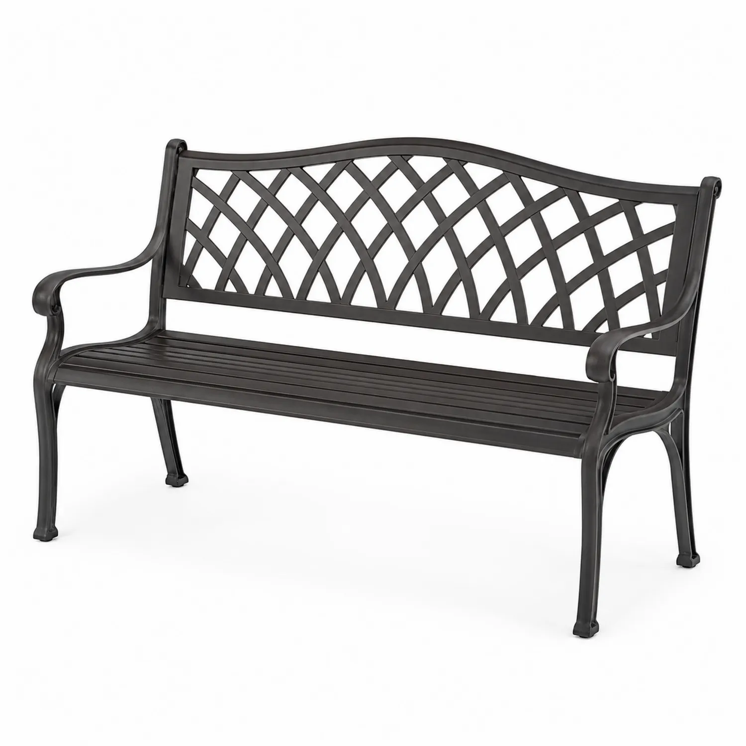 Panca da giardino in metallo nero con schienale decorato