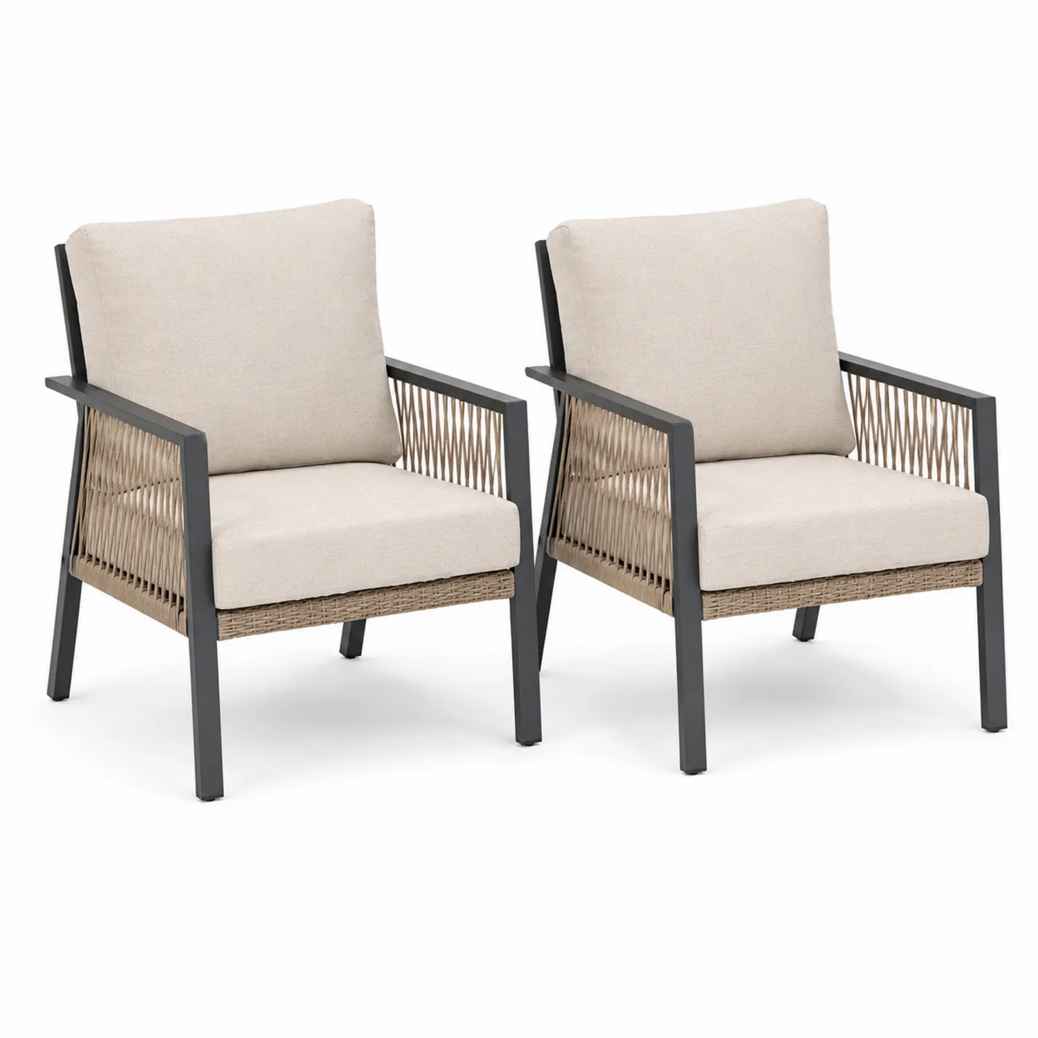 Set di 2 poltrone in alluminio e rattan con cuscini beige