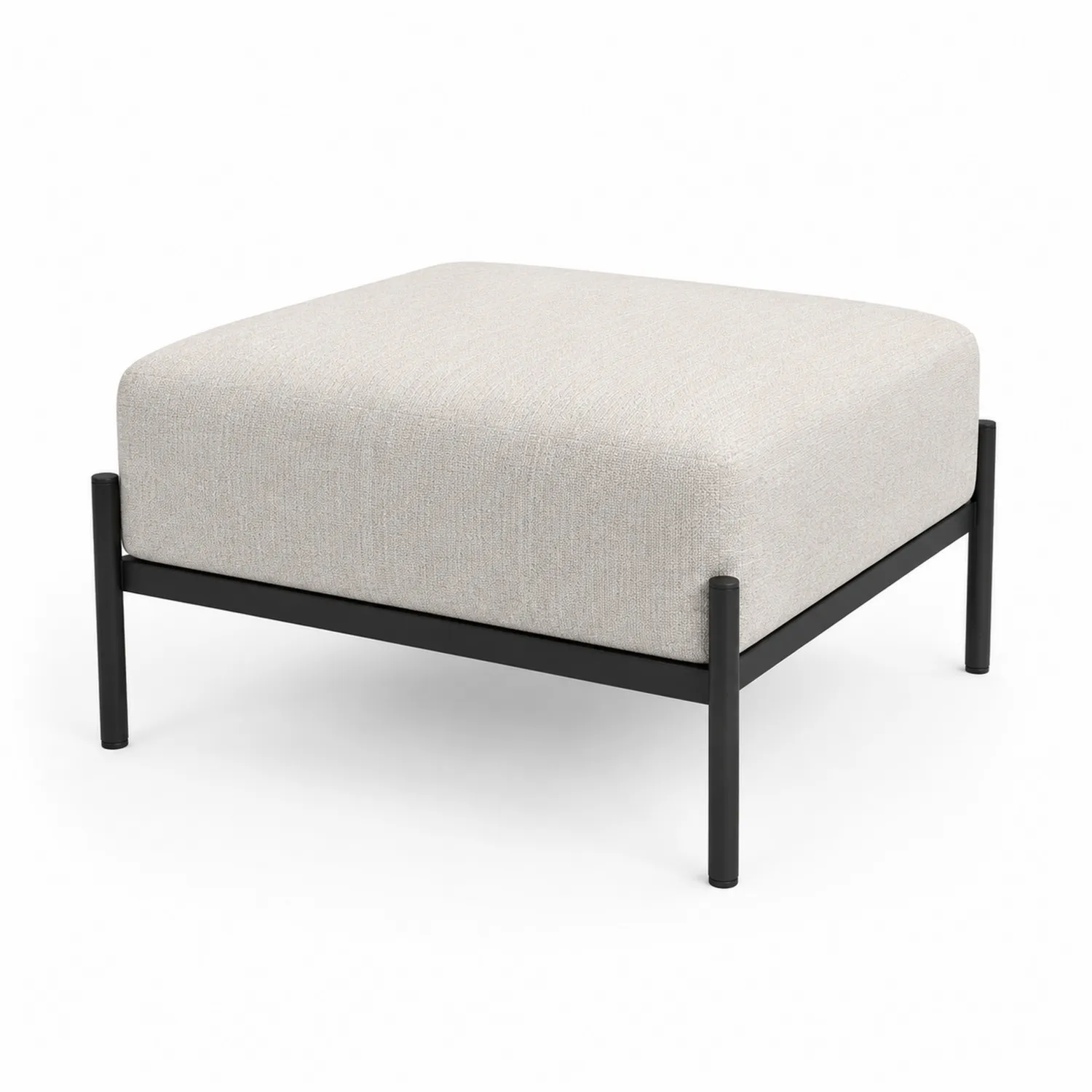 Pouf Quadrato in Tessuto Beige con Struttura in Metallo Nero