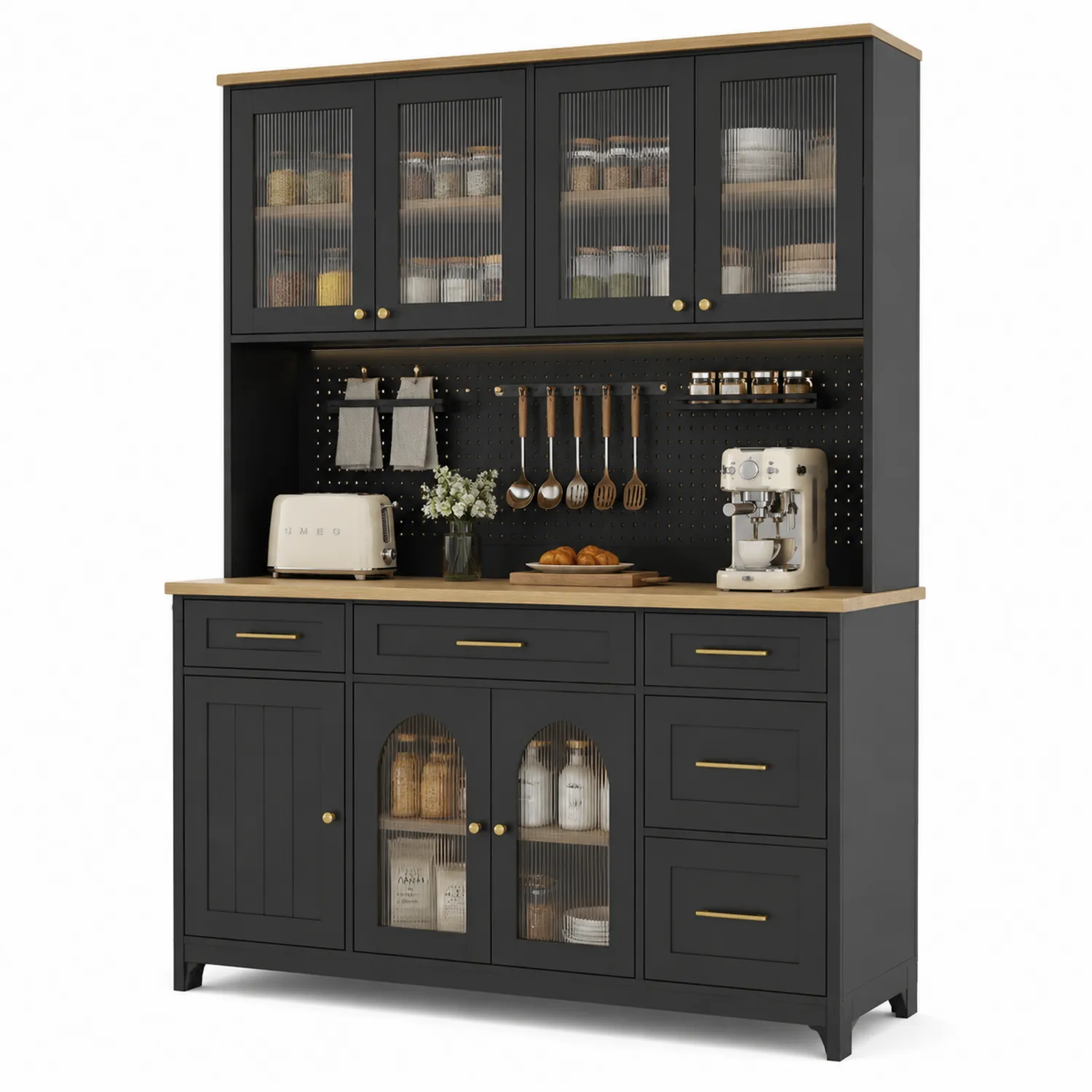 Credenza da cucina in legno con ante in vetro, Nero, 200x150x45 cm