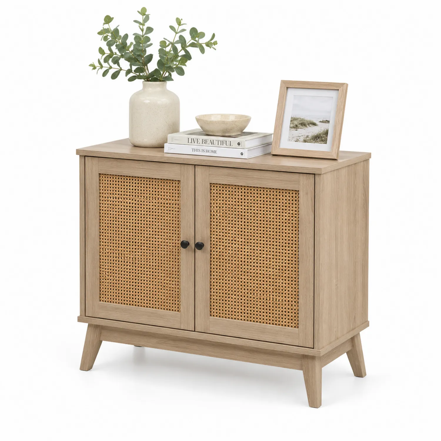 Credenza a Due Ante in Legno di Quercia e Paglia, Naturale