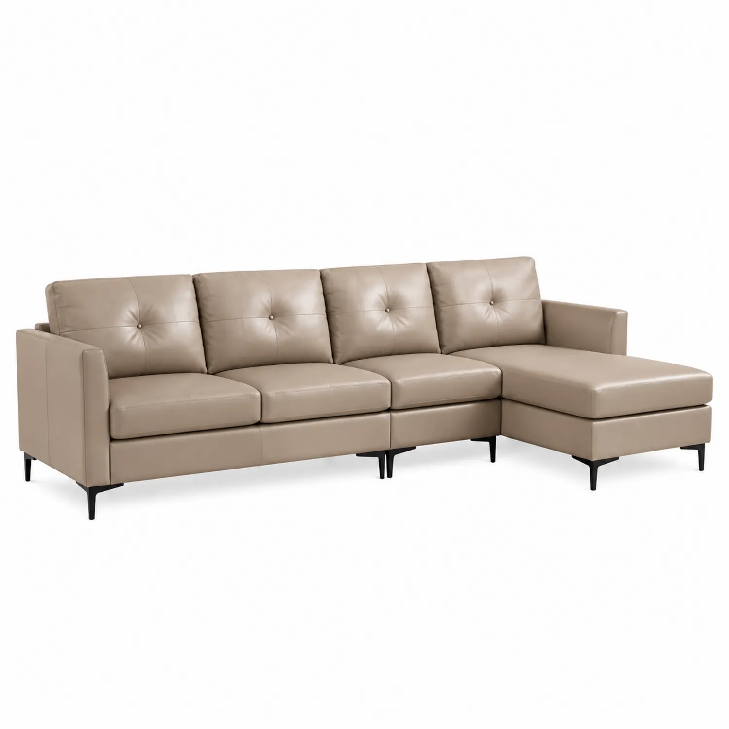 Divano Angolare in Pelle Sintetica Beige con Chaise Longue