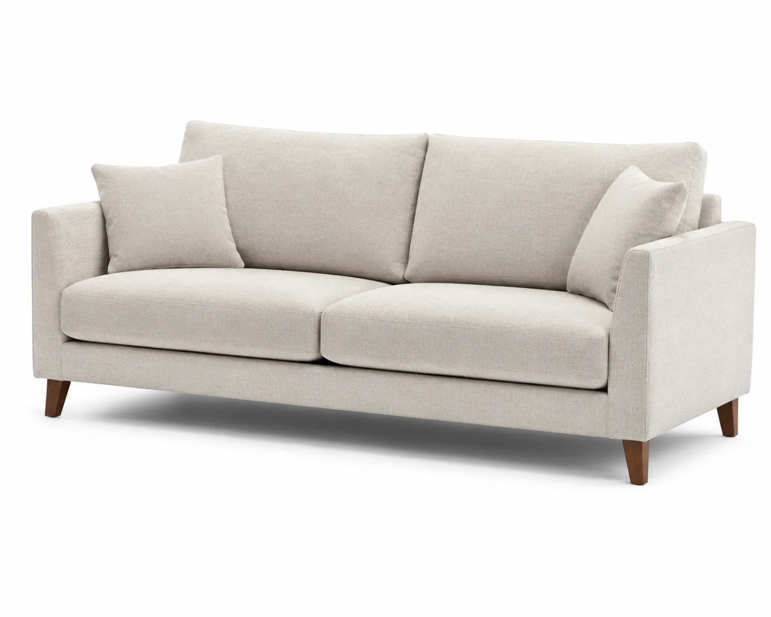 Divano a 3 posti in tessuto beige con gambe in legno