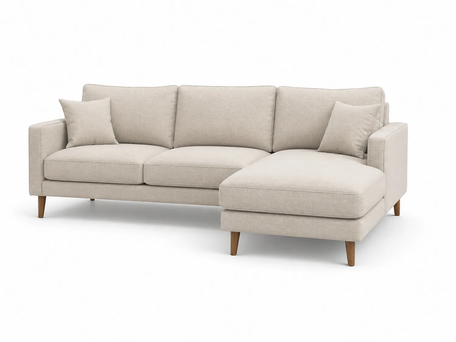 Divano angolare in legno e tessuto beige 3 posti con cuscini