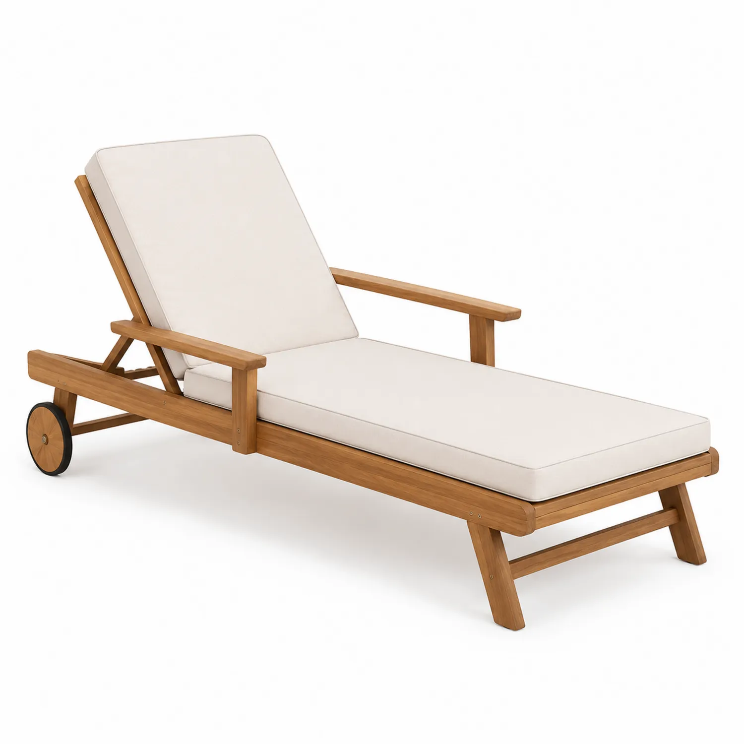 Lettino Prendisole in Legno di Teak con Cuscino Crema