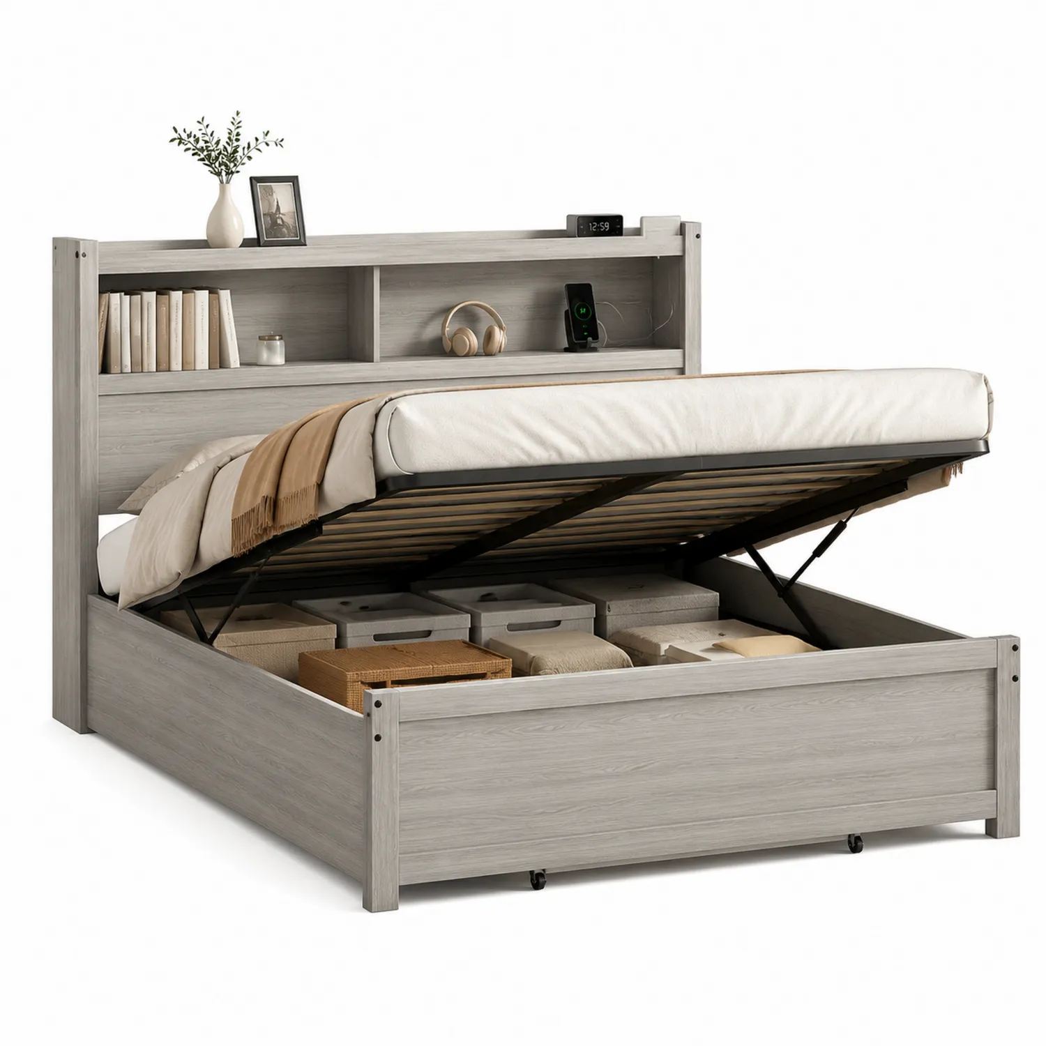 Letto Contenitore in Legno Grigio Chiaro con Mensole 200x160 cm