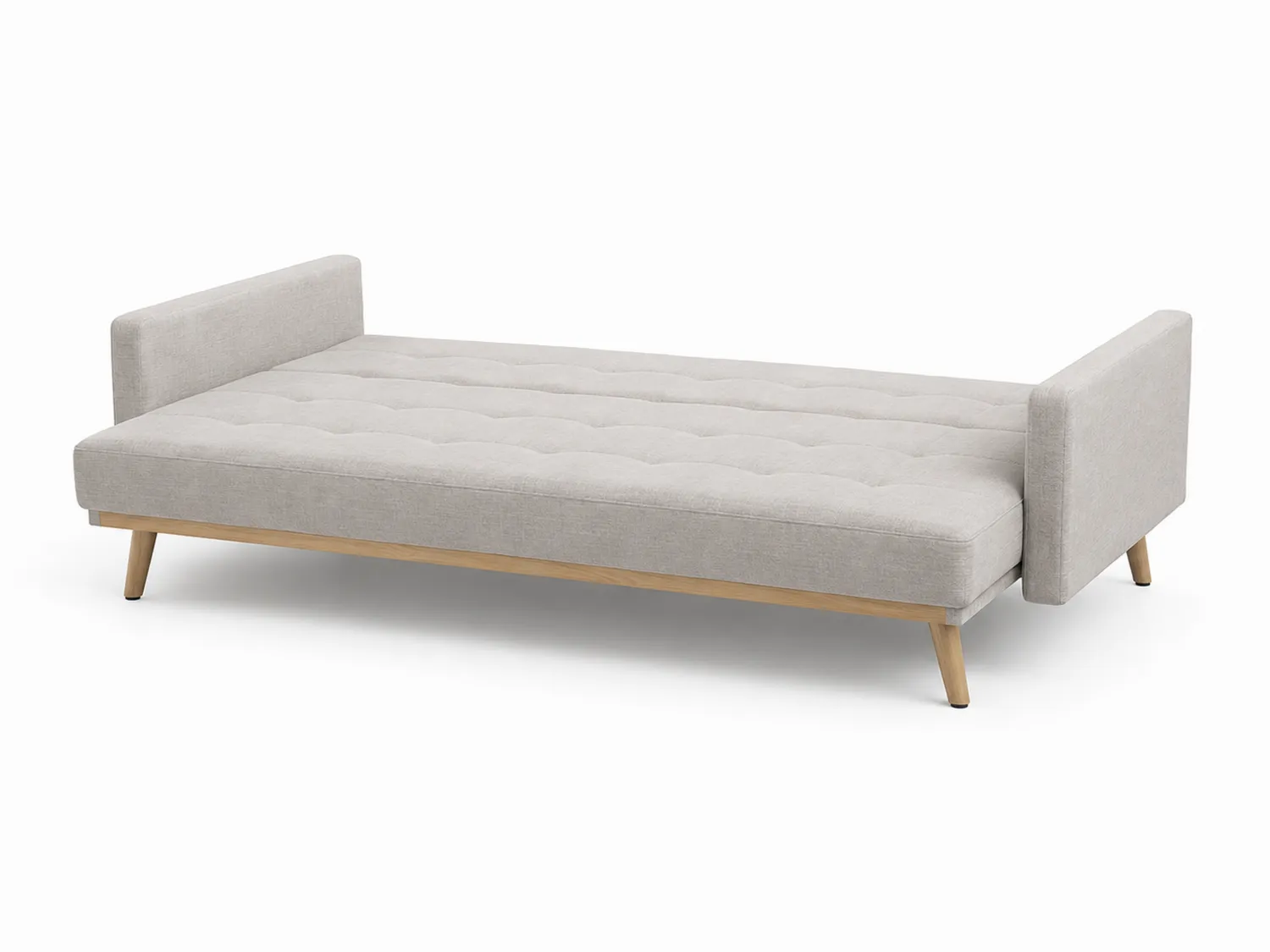 Divano letto grigio chiaro in poliestere con gambe in legno