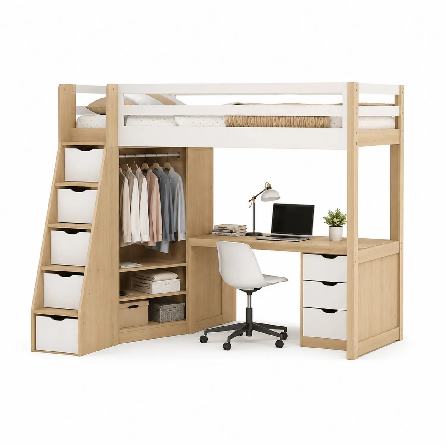 Letto a Soppalco con Scrivania, Armadio e Scala con Cassetti in Legno chiaro e Bianco