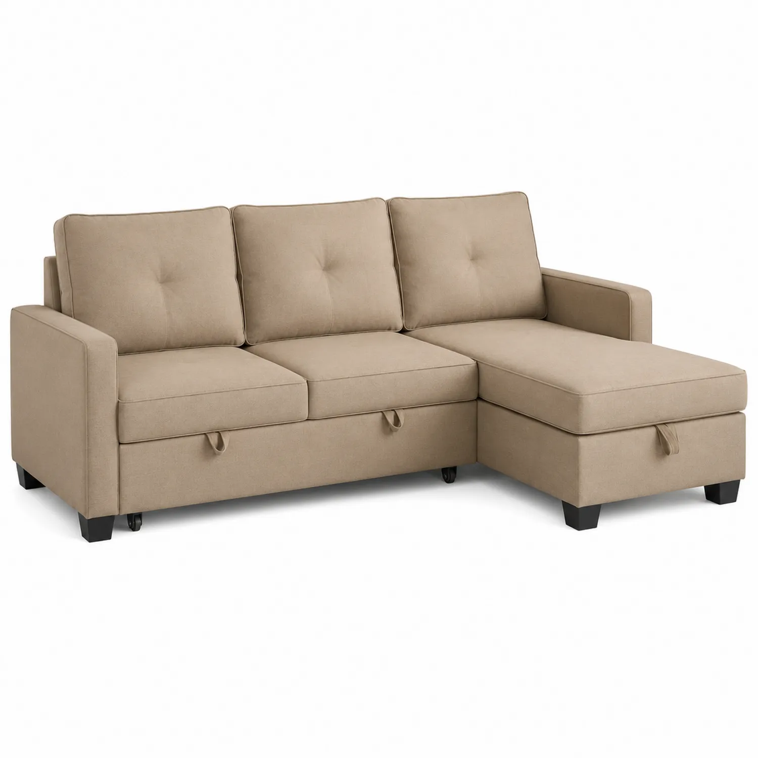 Divano angolare in tessuto beige con contenitore e chaise longue