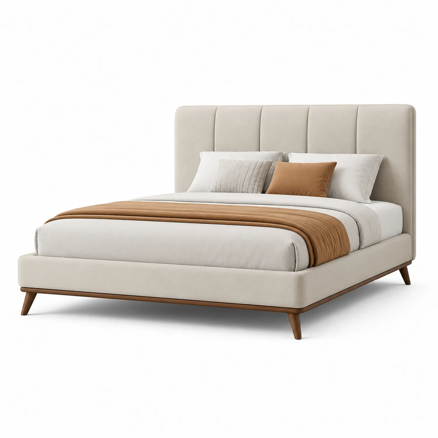 Letto matrimoniale in legno con testiera imbottita in tessuto Beige, 200x160 cm
