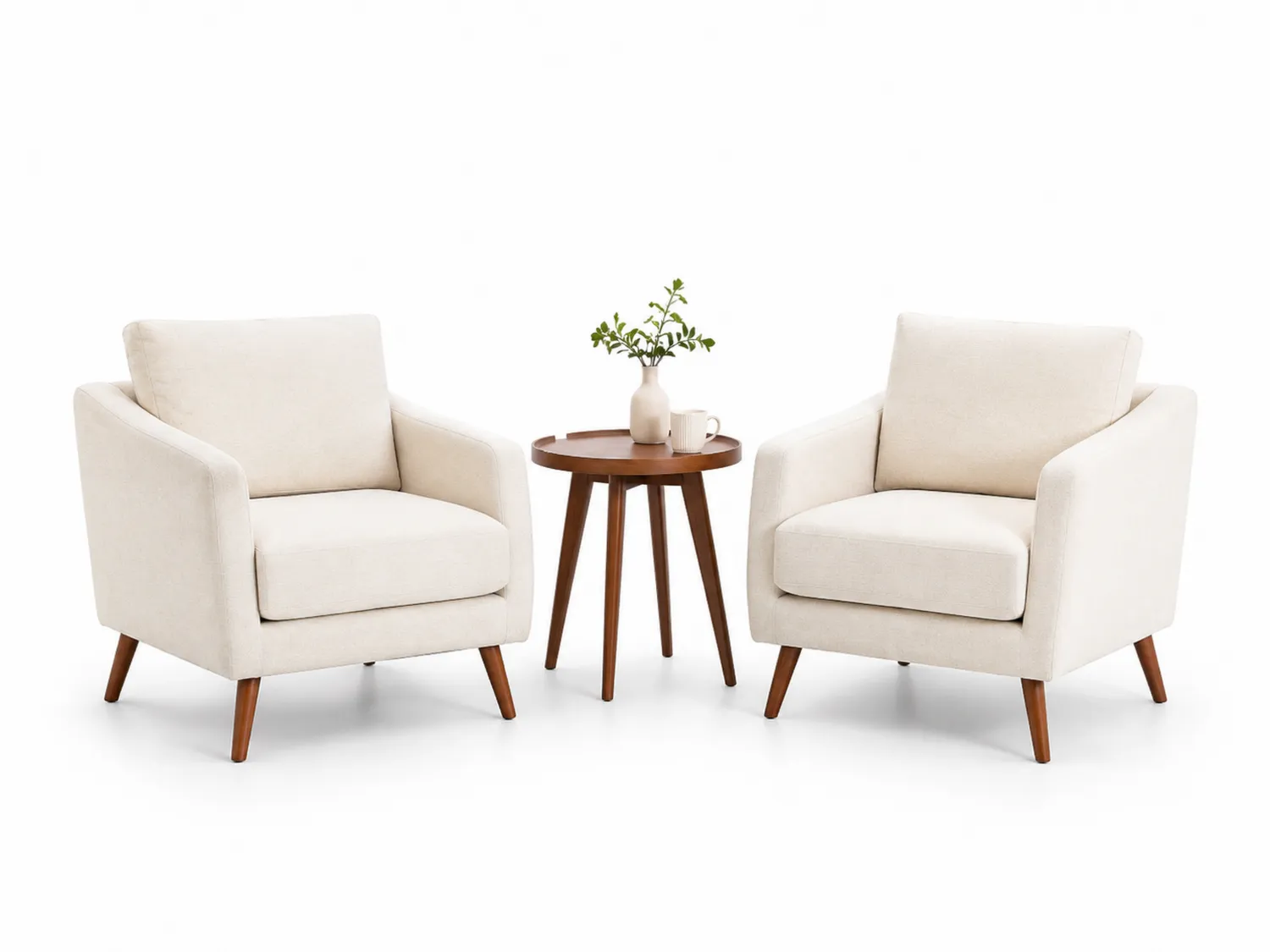 Set di 2 Poltrone in Tessuto Beige e Tavolino in Legno