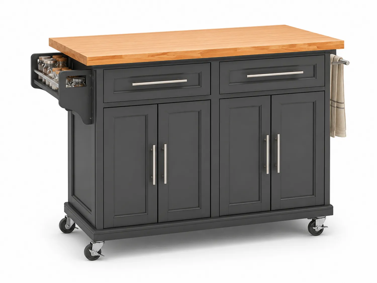 Carrello da cucina con piano in legno e struttura nera